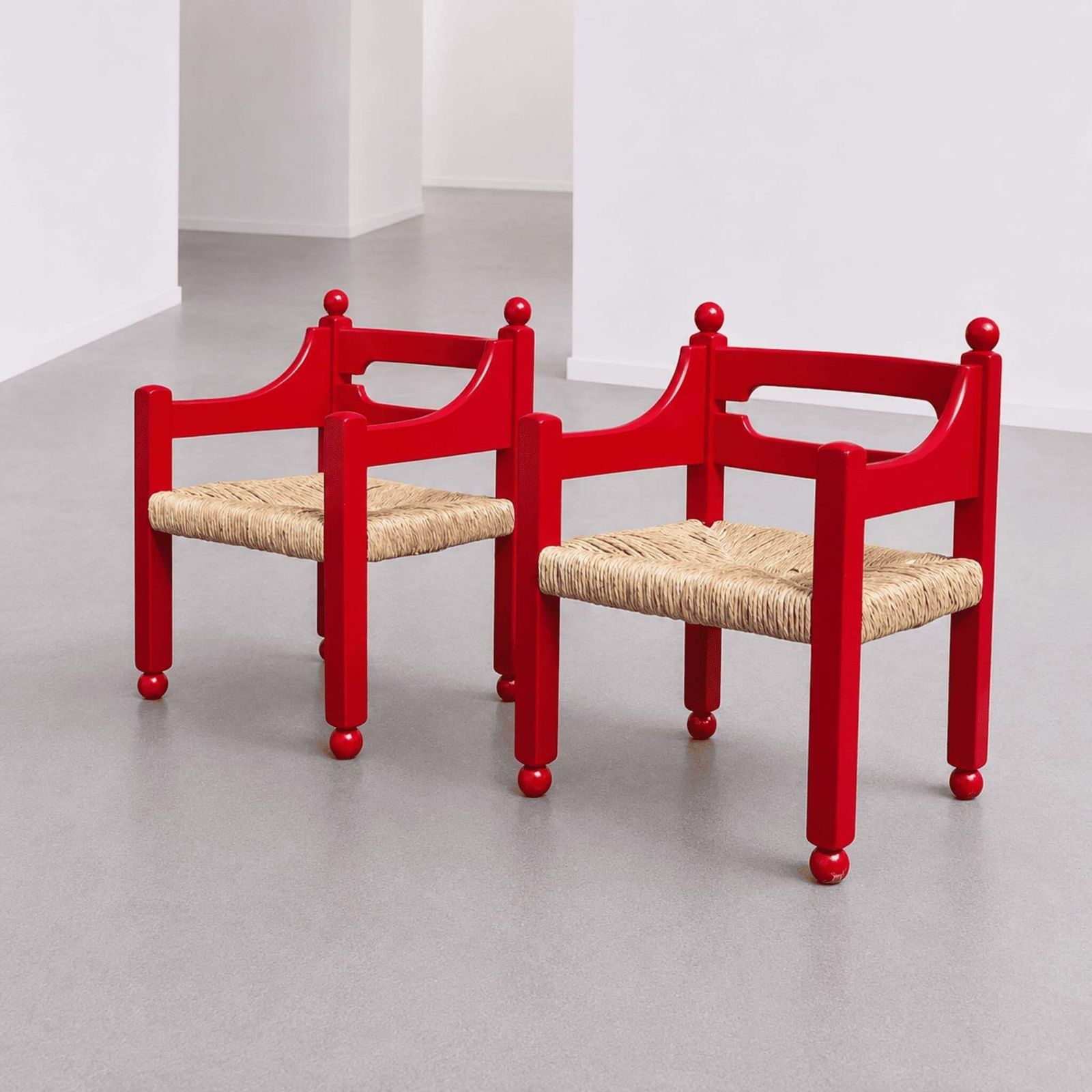 Italian Mid Century Armchairs Red Wood Woven Straw By Luigi Caccia Dominioni photo vinterior