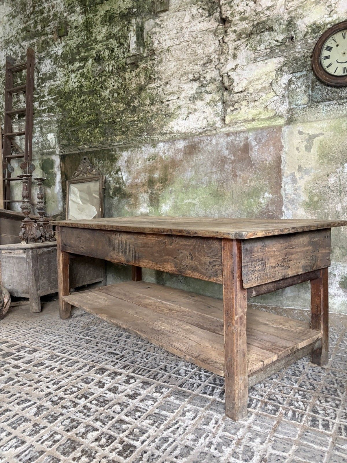 photo for sale Antique French Farmhouse Kitchen Island Table — Pine & Oak, Two Drawers, 192cm