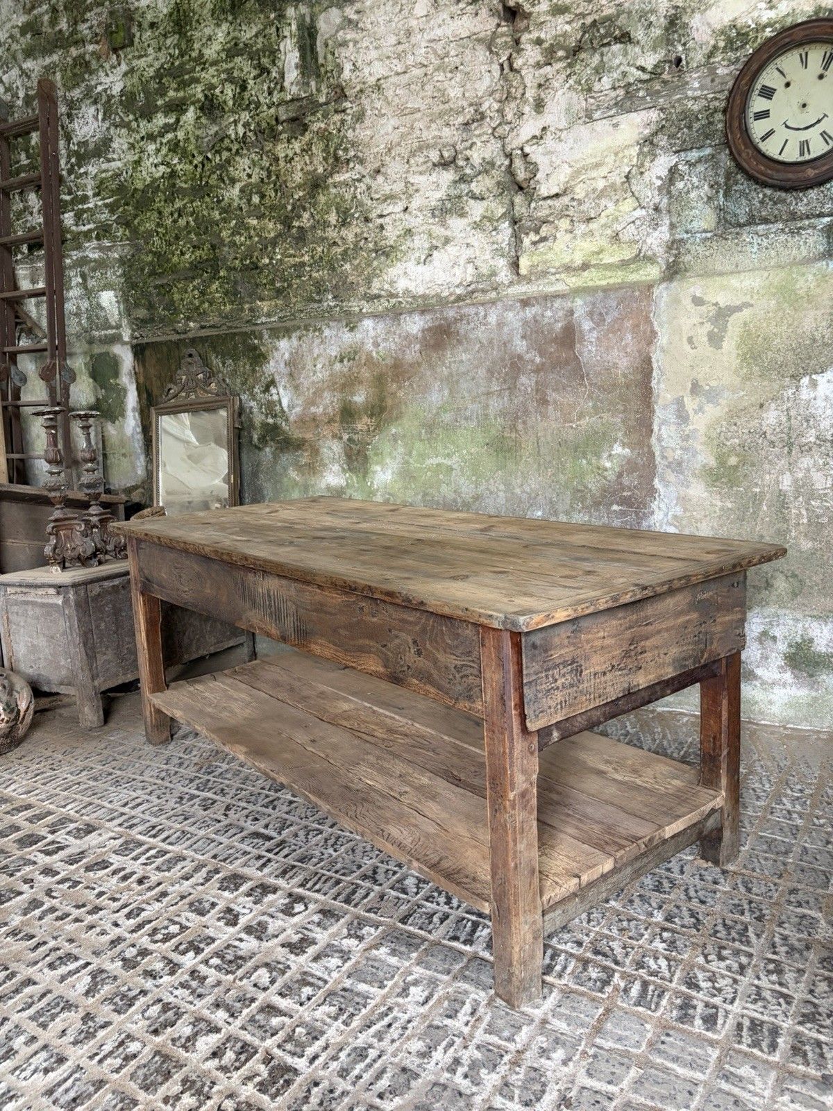 Furniture Antique French Farmhouse Kitchen Island Table — Pine & Oak, Two Drawers, 192cm photo