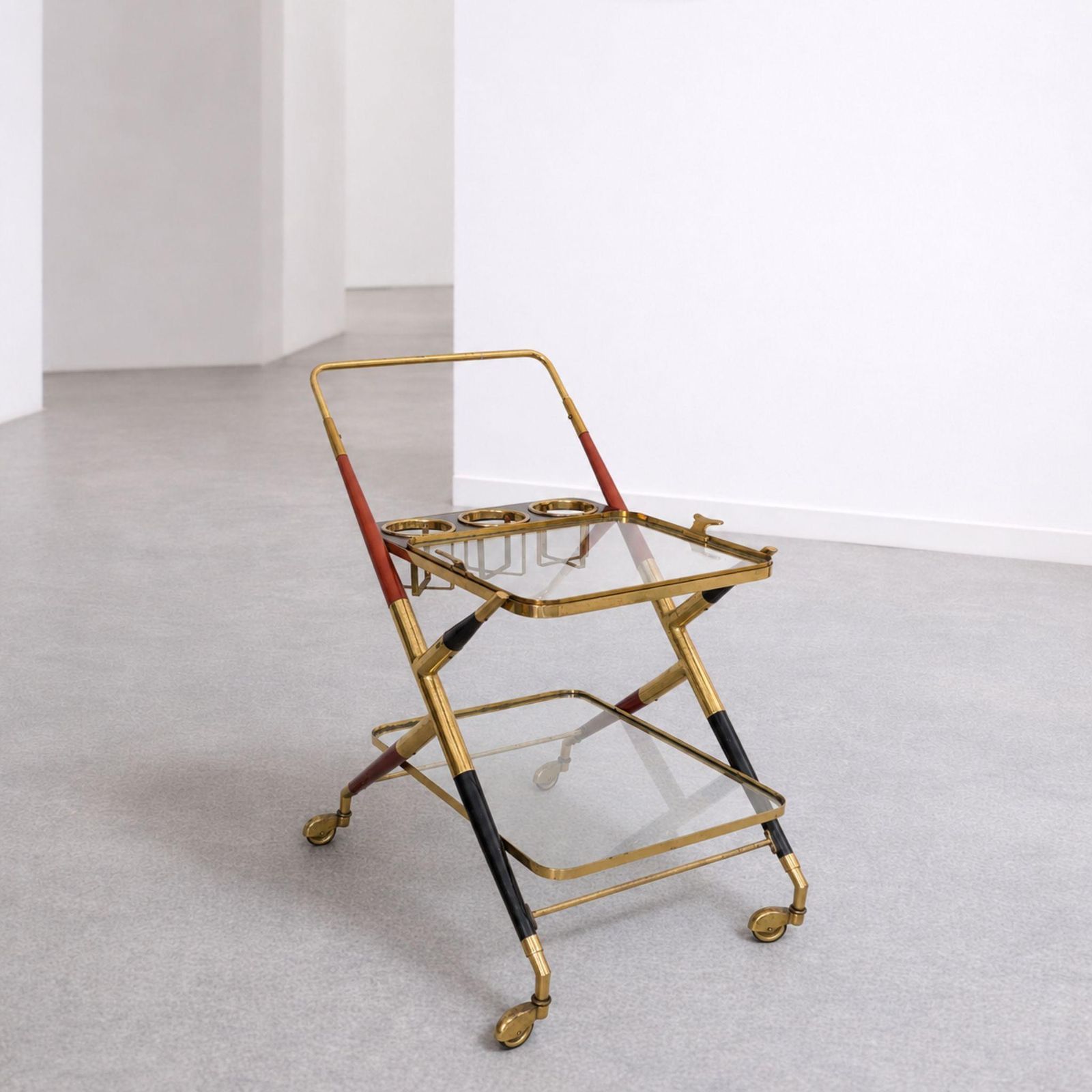 Italian Mid Century Modern Bar Cart Brass Glass Tray By Cesare Lacca, 1950s photo furniture