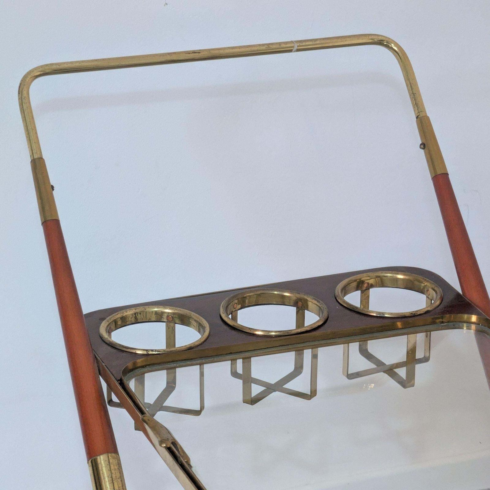 Italian Mid Century Modern Bar Cart Brass Glass Tray By Cesare Lacca, 1950s photo vintage