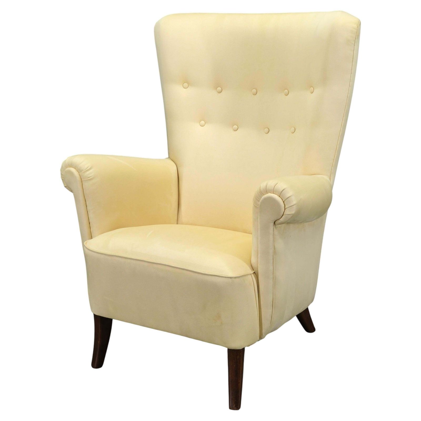 Fauteuil danois à dossier haut et oreilles, années 1950, retapissé