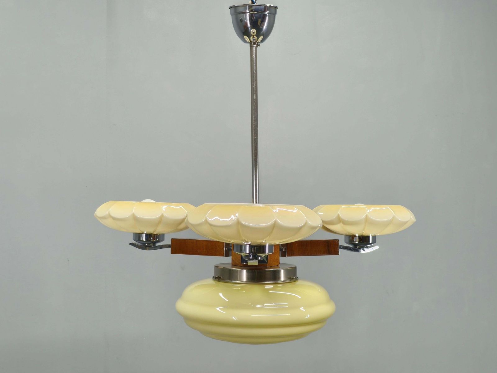 1940s Czechoslovak Art Deco Chandelier In Walnut Chrome And Glass photo furniture