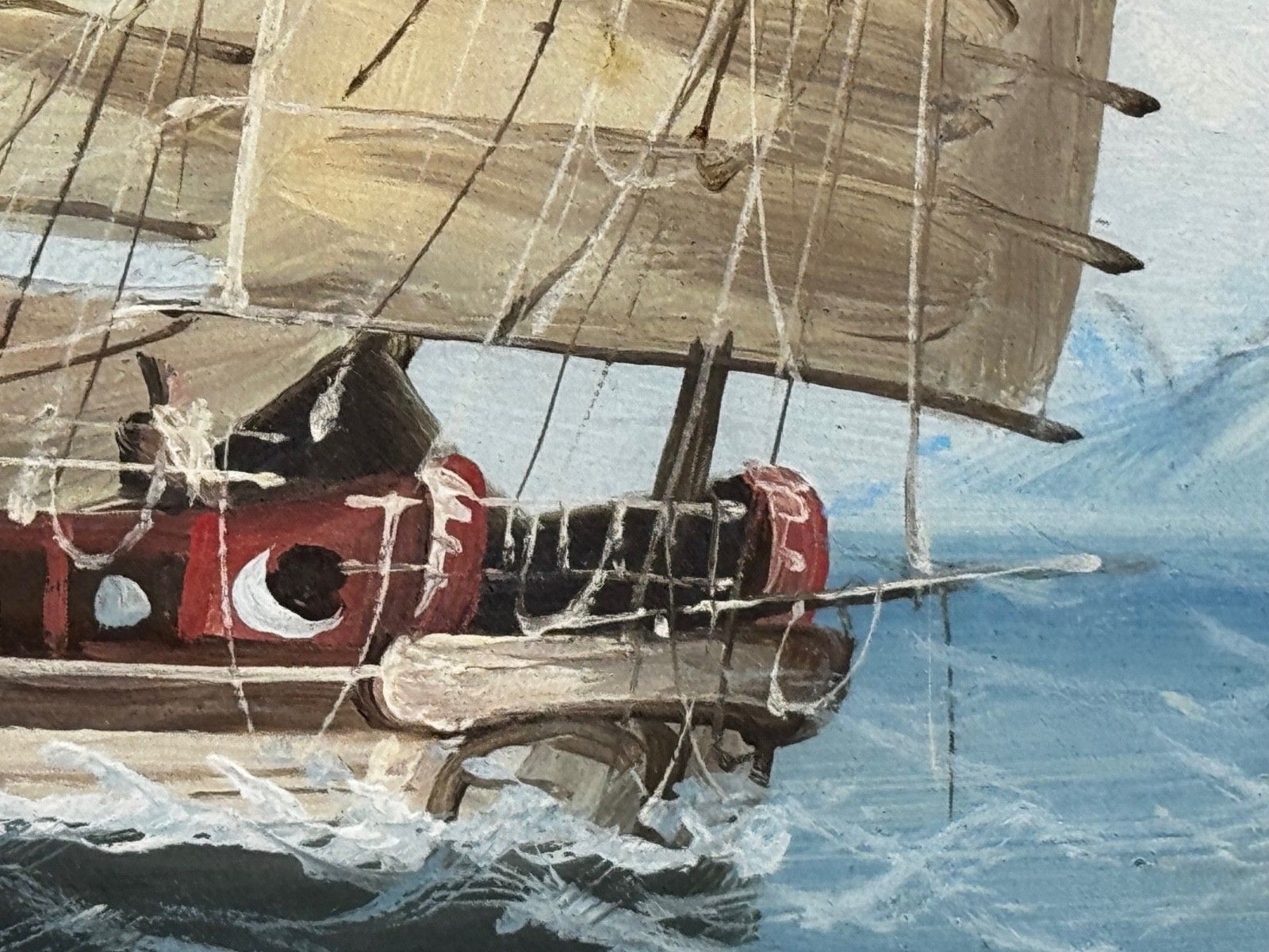 Art Marine Painting Inbound Junk At Mouth Of Pearl River Hong Kong Attributed Ah Hee Studio C1914 photo