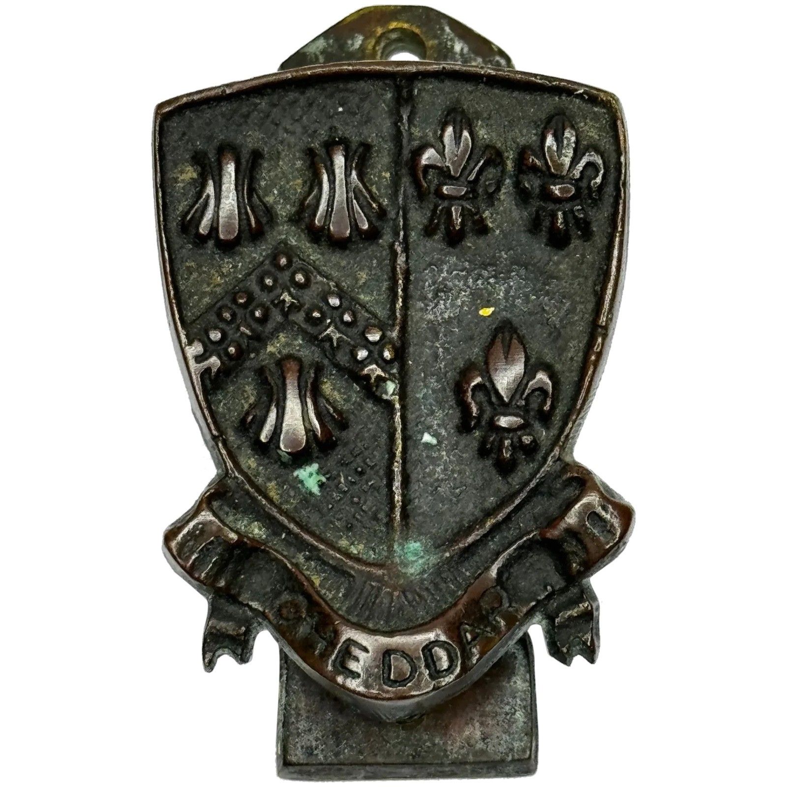 Begin 20e eeuw bronzen deurklopper uit Cheddar, heraldisch wapenschild met Fleur De Lys, ca. 1925