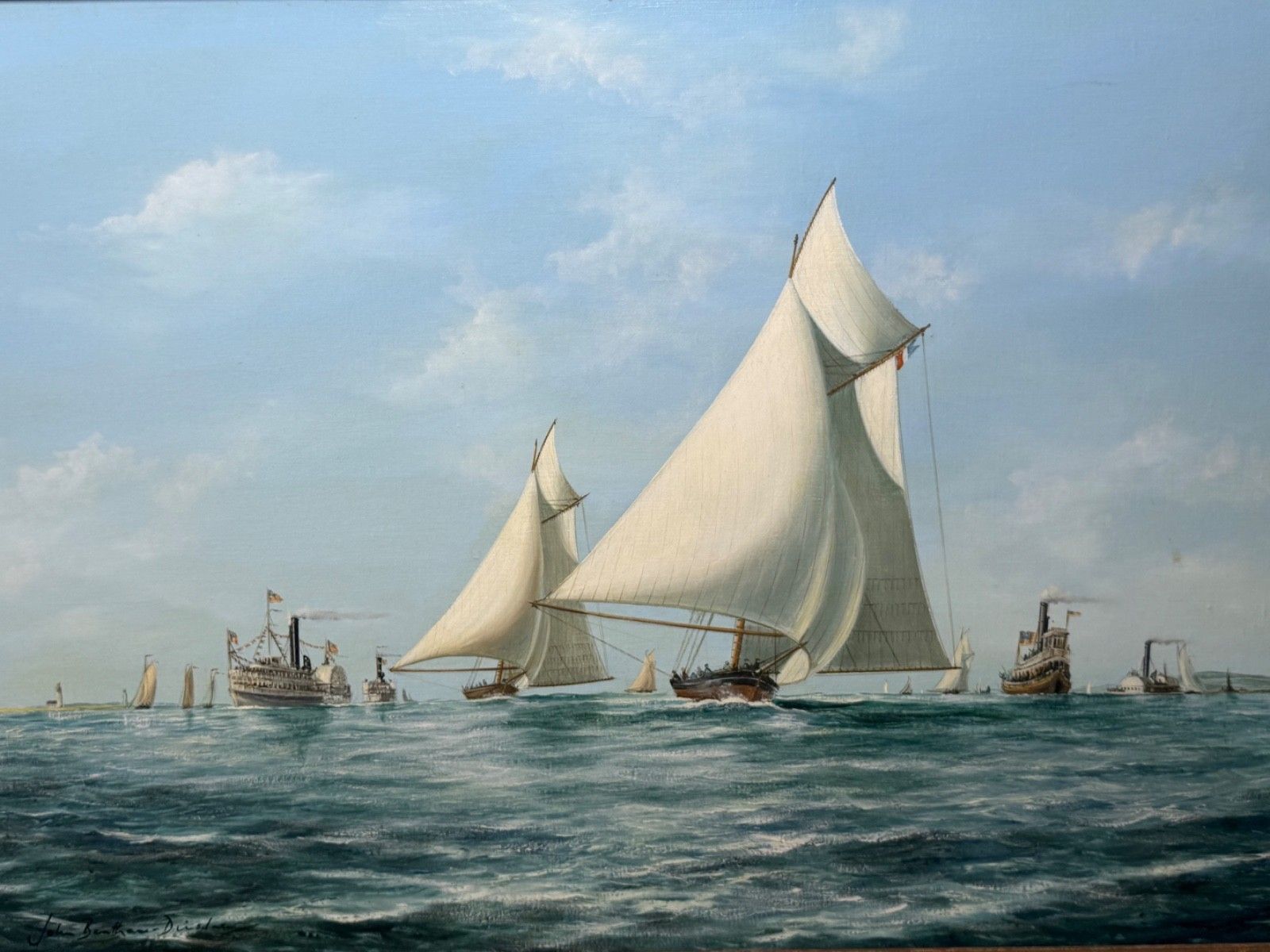 Marine 20th Century Oil On Canvas Framed Painting The America's  Cup 1881 Yacht Race Signed John Bentham Dinsdale photo furniture