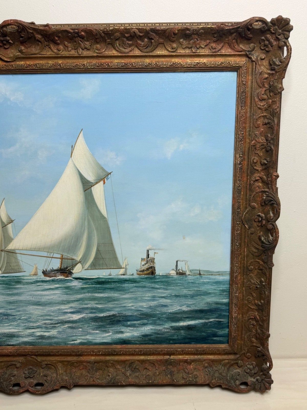 Maritiem 20e-eeuws olieverfschilderij op doek in lijst, The America's Cup 1881 Yacht Race, gesigneerd John Bentham Dinsdale photo for sale