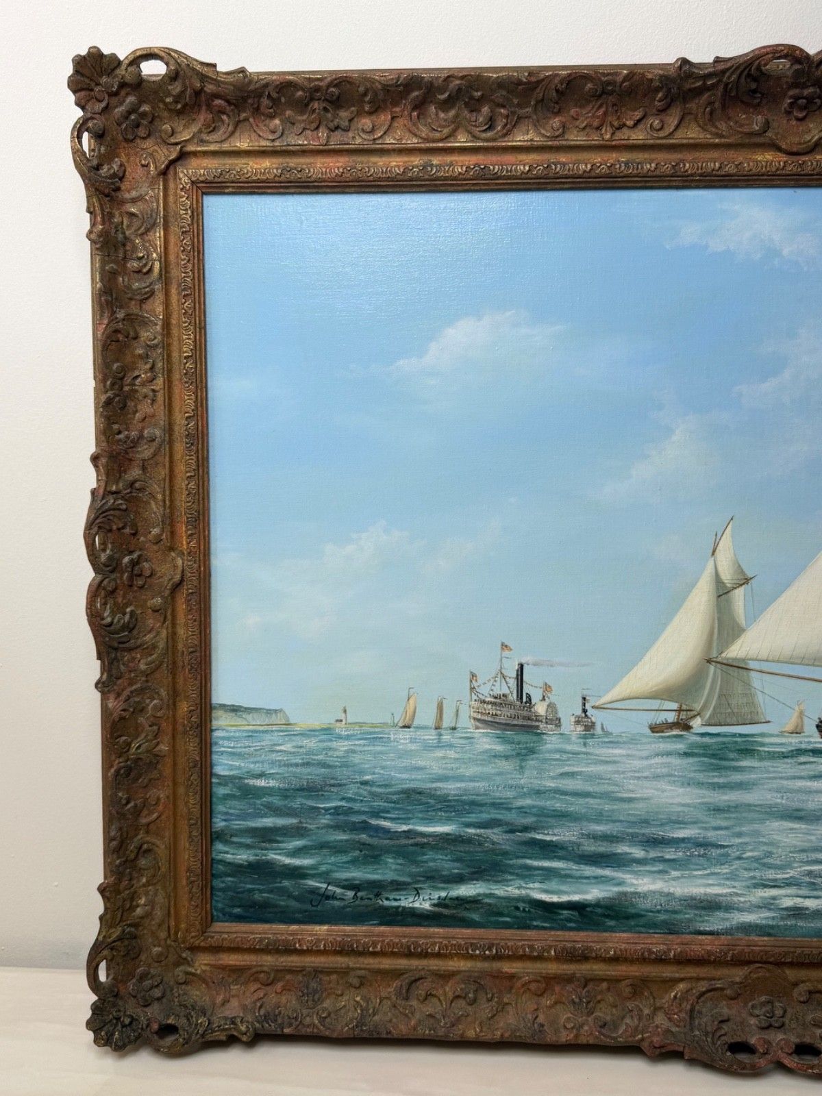 Maritiem 20e-eeuws olieverfschilderij op doek in lijst, The America's Cup 1881 Yacht Race, gesigneerd John Bentham Dinsdale photo Kunst