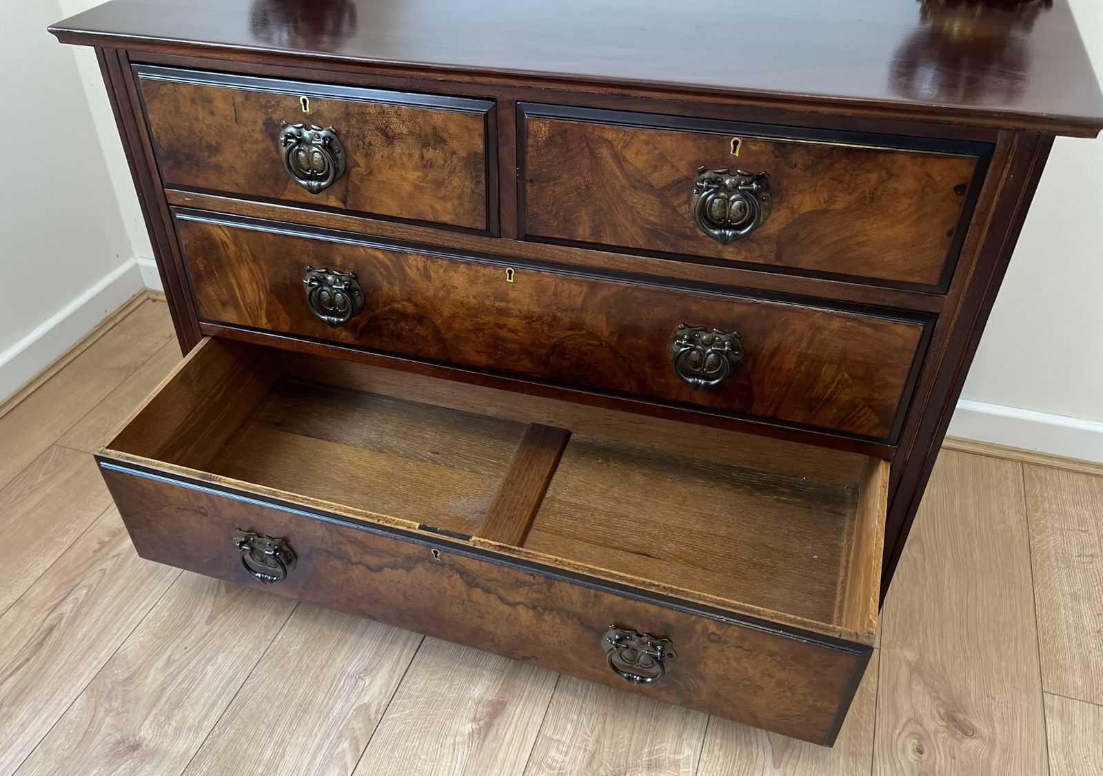 Antique Burr Walnut Chest Of Drawers 2 Over 2 Brass Handles Bedroom Storage photo for sale