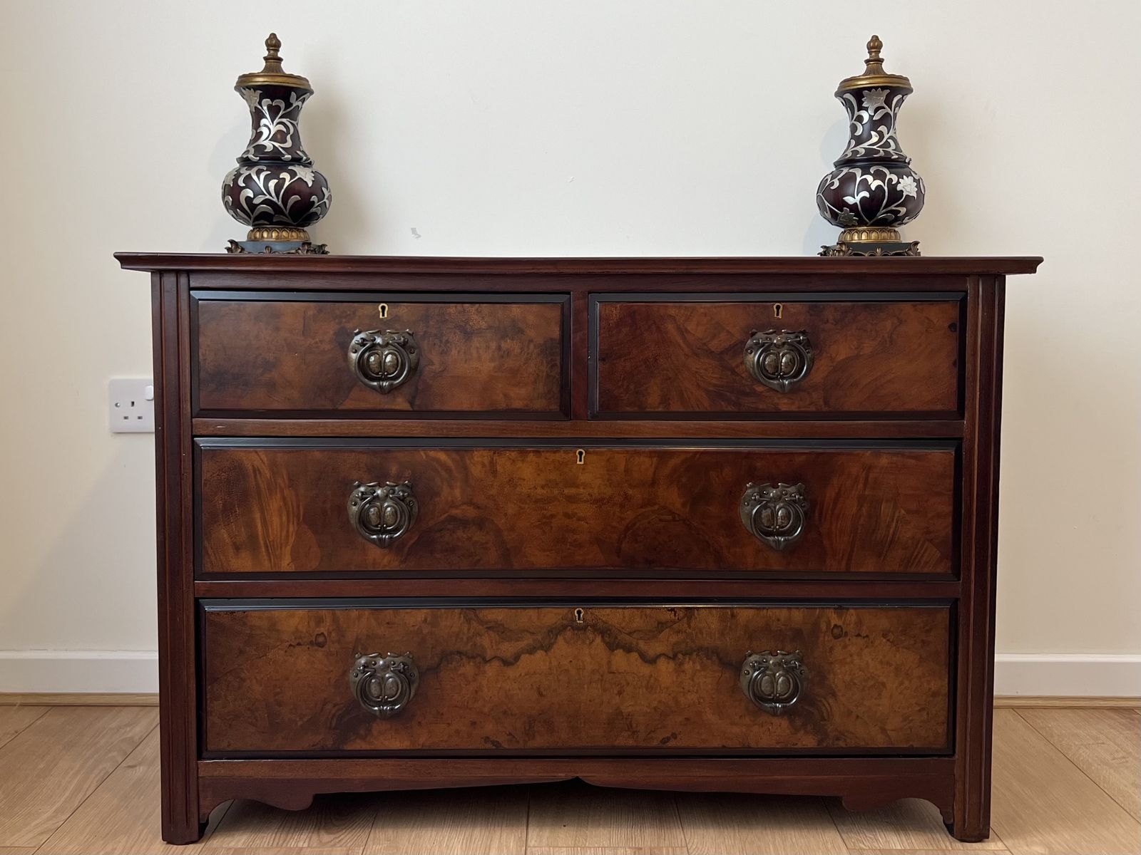 Antique Burr Walnut Chest Of Drawers 2 Over 2 Brass Handles Bedroom Storage