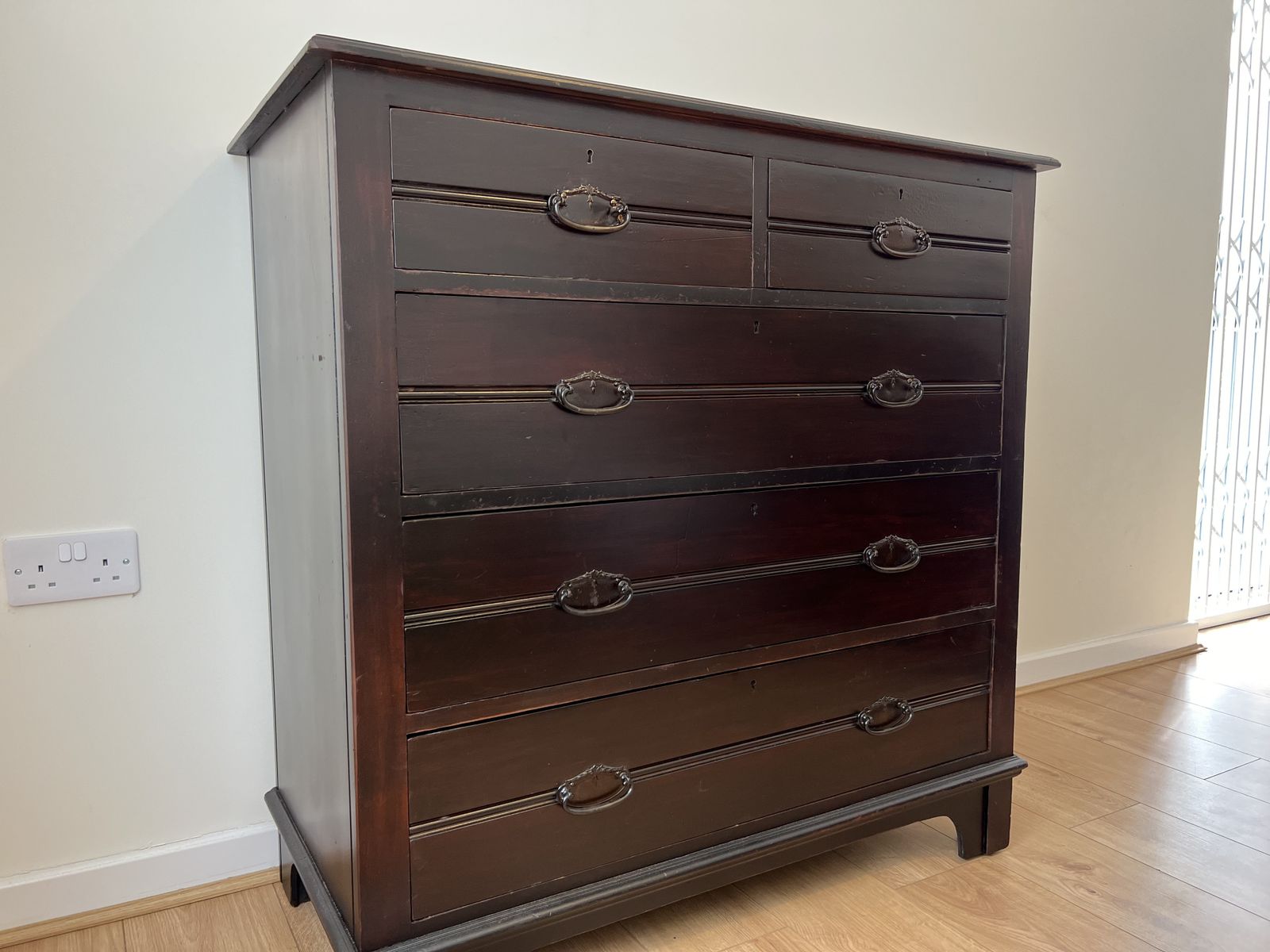 Furniture Antique Mahogany Chest Of Drawers 1900 1920 Original Brass Handles photo