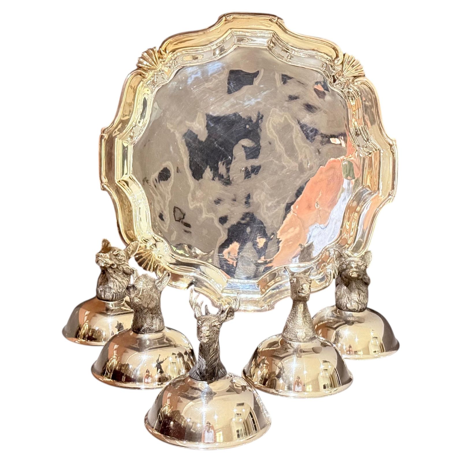 Italian Silver Plated Animal Head Liqueur Cups With Matching Serving Tray Set 6