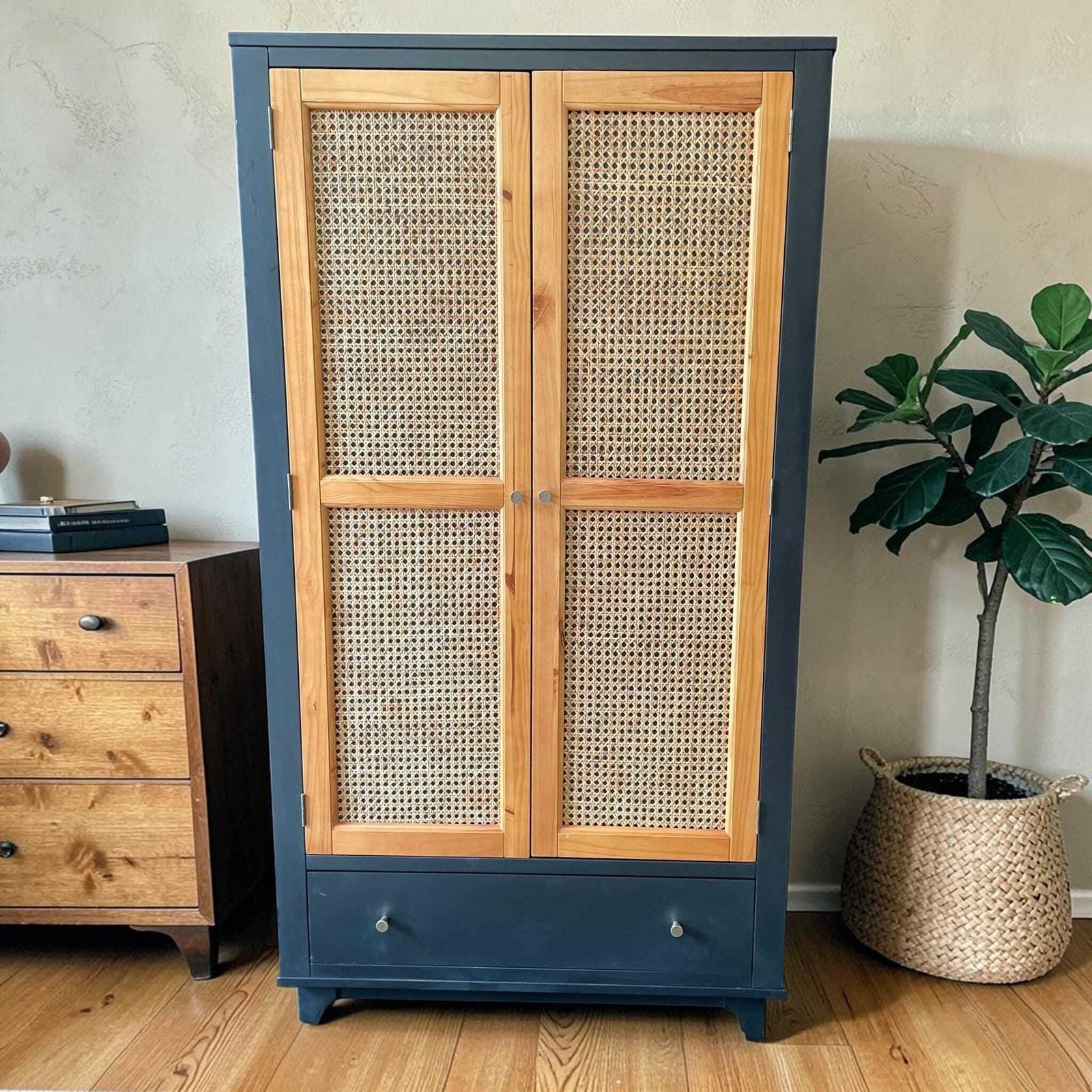 Mid Century Inspired Cane Wardrobe, Pine Armoire, Rattan Fronted Storage Cabinet, Boho Furniture