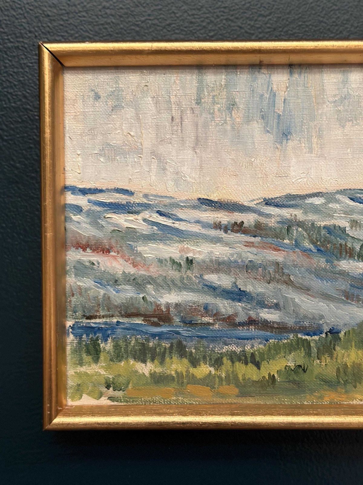 photo for sale Mid Century Oil On Canvas Landscape By Unknown Artist Vintage & Framed – 33 × 22 Cm