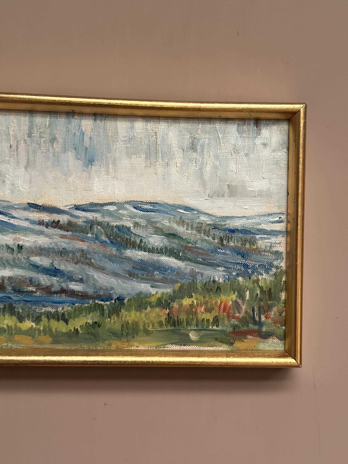 photo buy Mid Century Oil On Canvas Landscape By Unknown Artist Vintage & Framed – 33 × 22 Cm