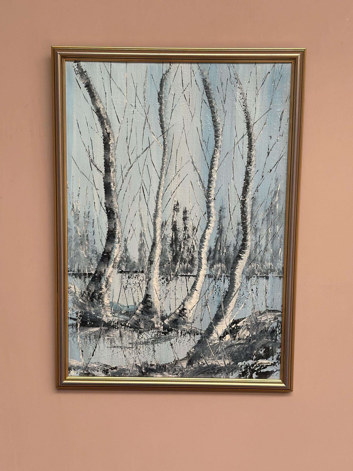 photo vintage Mid Century Scandinavian Oil Painting – Trees By Gunnar Lundén Vintage & Framed 42 × 57 Cm