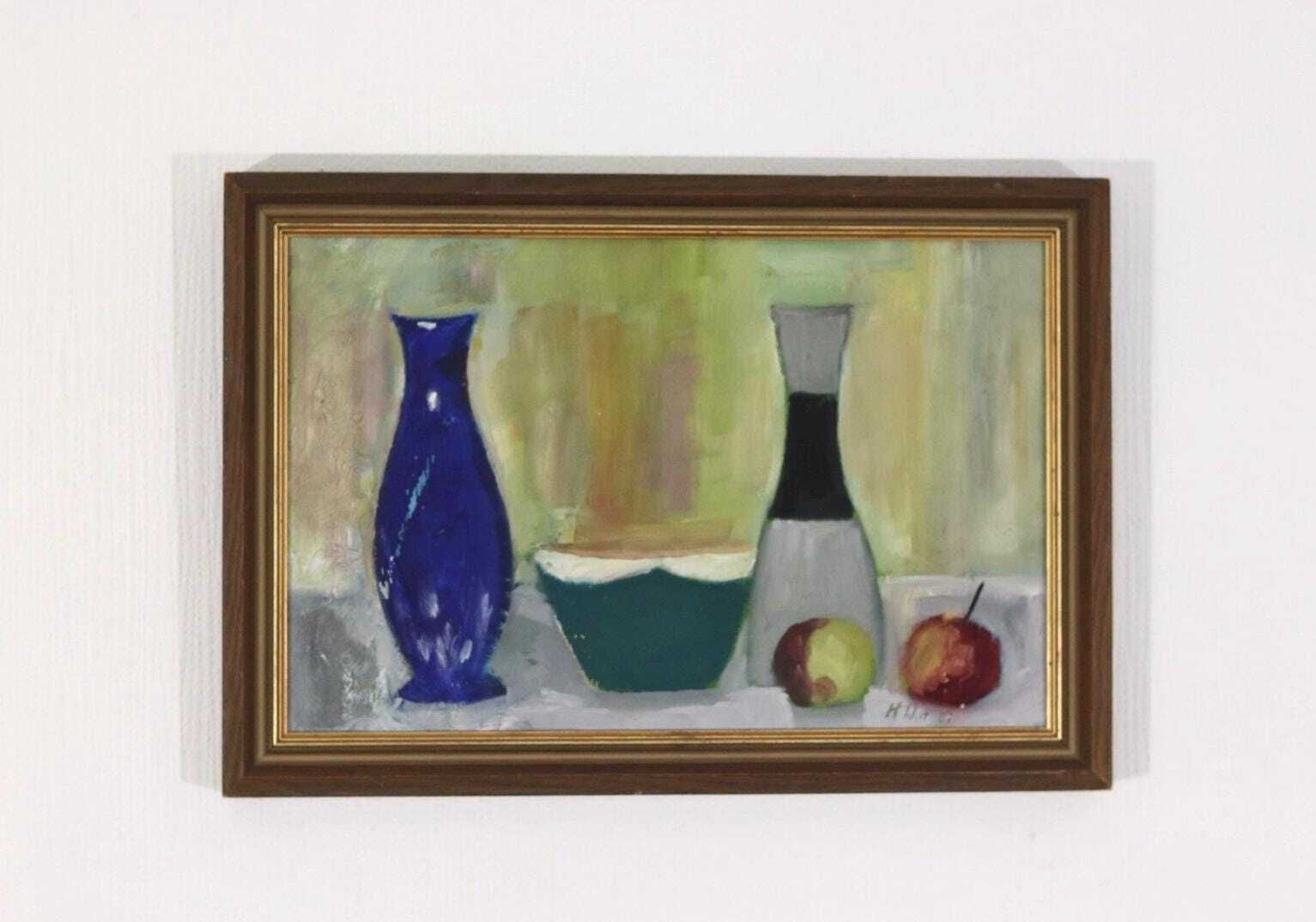 Original Mid Century Oil On Canvas – “Bowl, Vase And Fruit” By K. W. N., Dated 1967 – Vintage & Framed 47 × 32 Cm (18.5" × 12.6") photo for sale