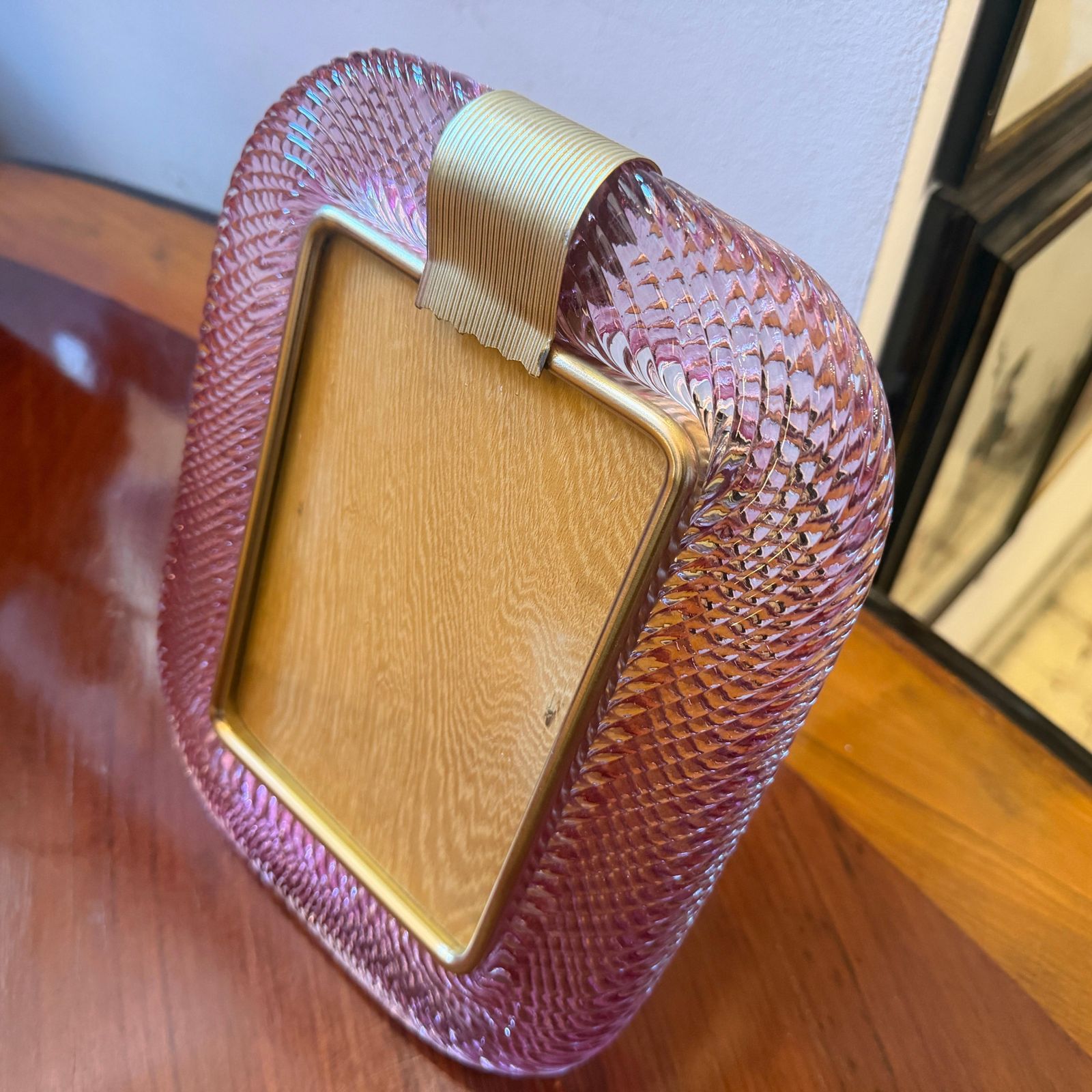 1990s Barovier Style Art Deco Pink Murano Glass And Brass Picture Frame photo for sale