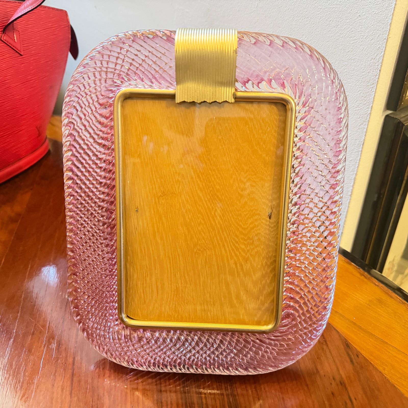 1435.0 1990s Barovier Style Art Deco Pink Murano Glass And Brass Picture Frame photo