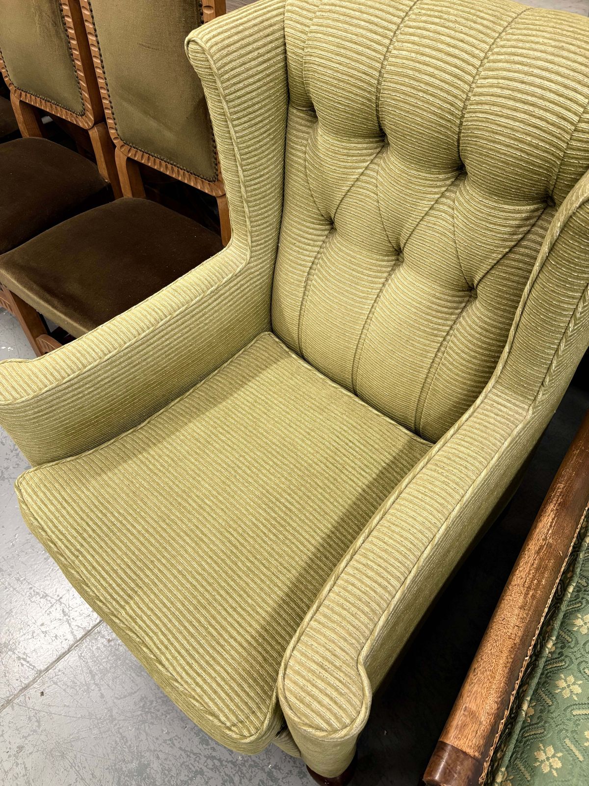 Antique Soft Green Wingback Upright Armchair On Castors & Cabriole Legs Uk Delivery photo furniture
