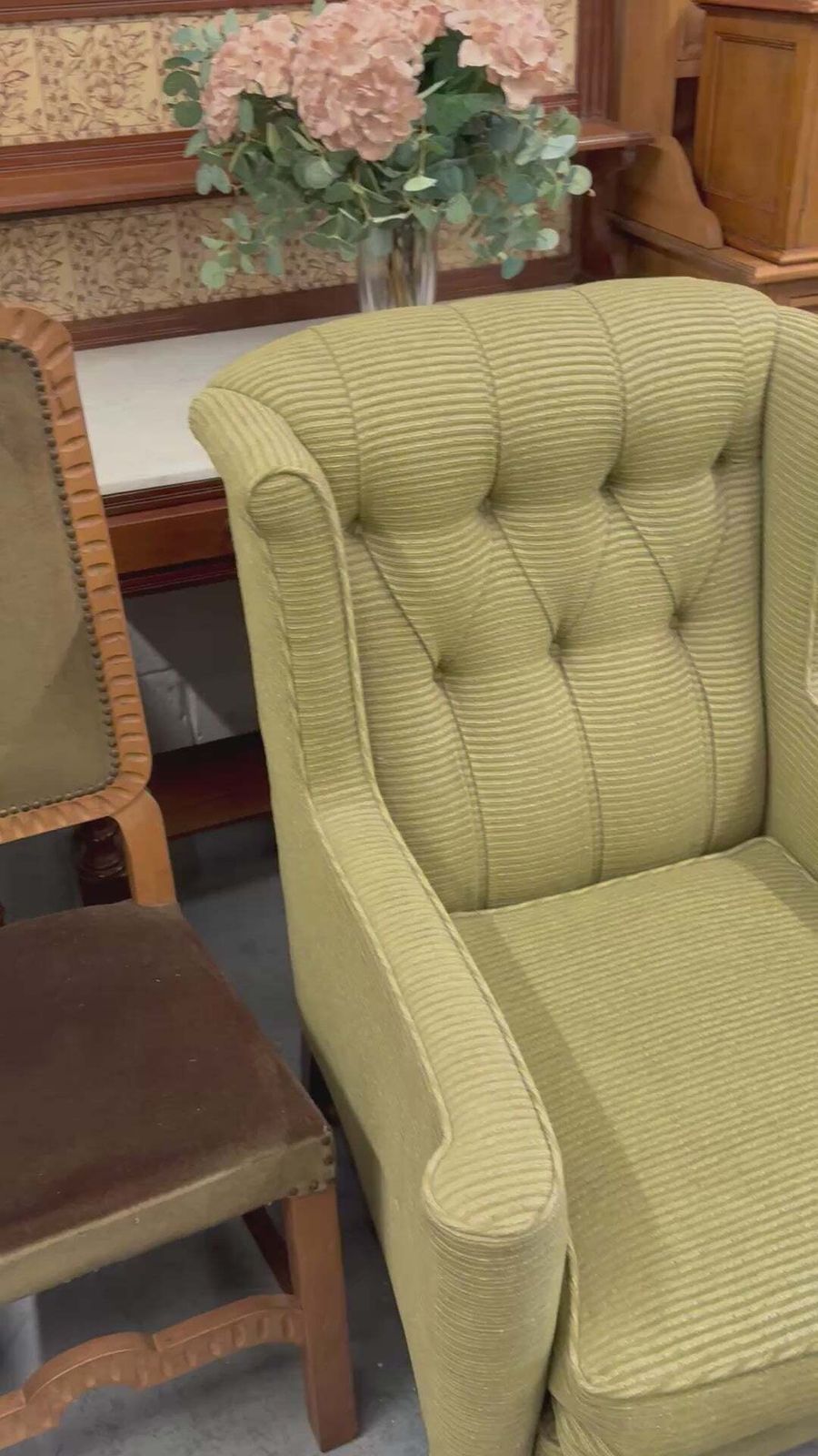 Antique Soft Green Wingback Upright Armchair On Castors & Cabriole Legs Uk Delivery photo for sale
