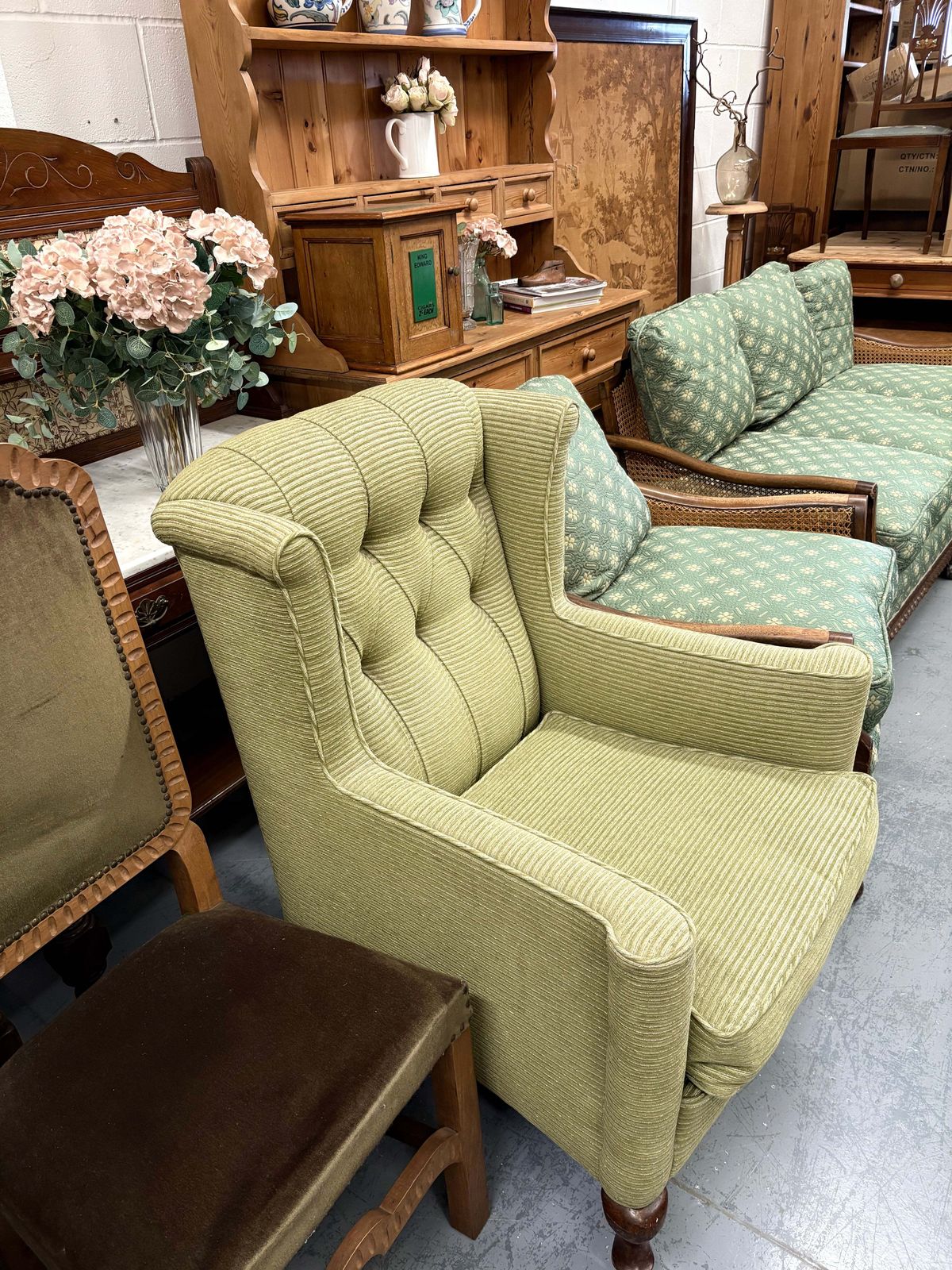 Antique Soft Green Wingback Upright Armchair On Castors & Cabriole Legs Uk Delivery photo 385.0