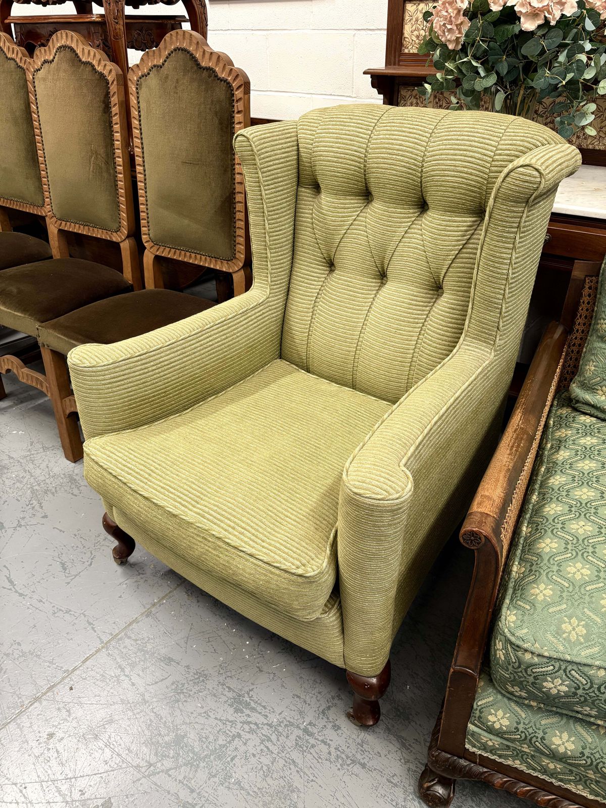 photo furniture Antique Soft Green Wingback Upright Armchair On Castors & Cabriole Legs Uk Delivery