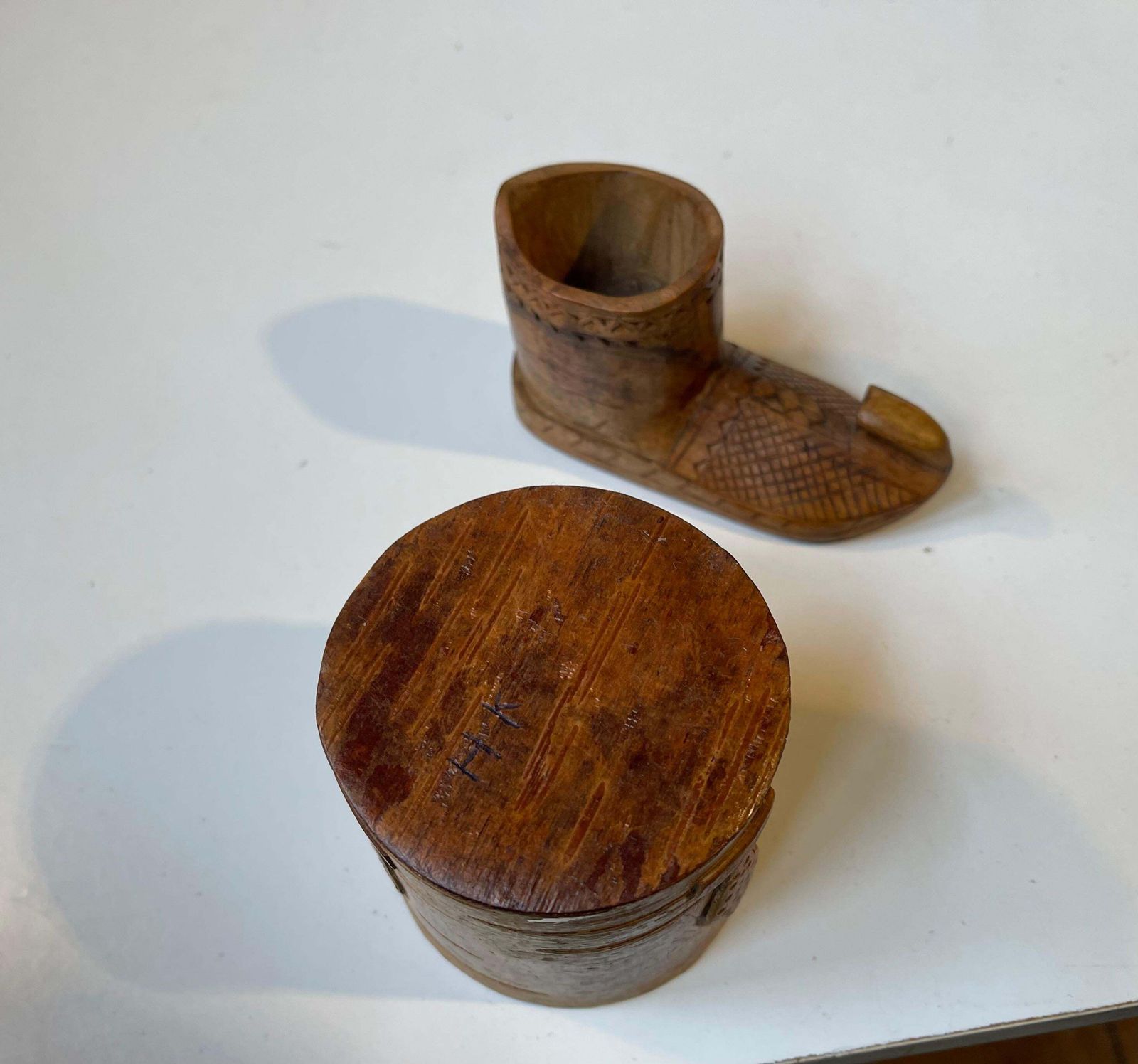 Old Sámi Carved Folk Art Birch Bark Canister & Wooden Boot photo vintage