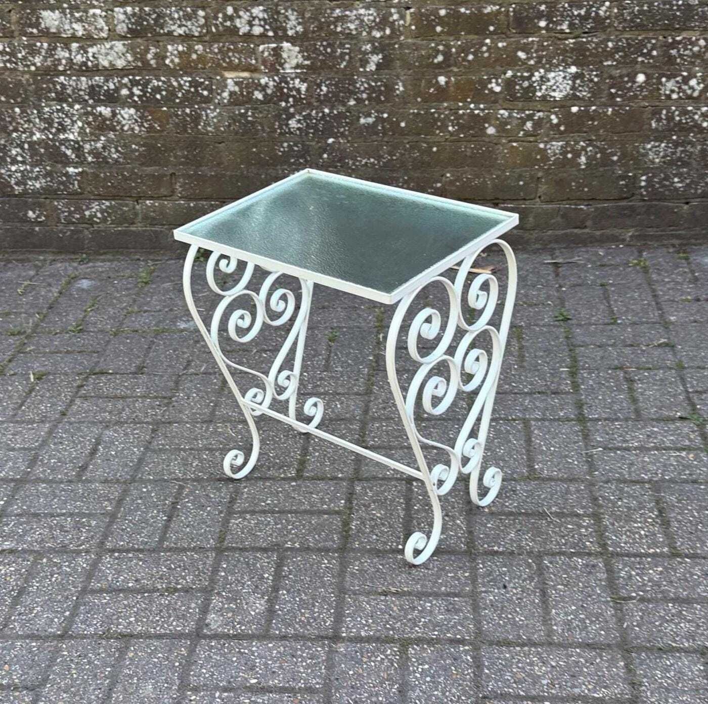 Vintage 1970s Wrought Iron Side Table With Textured Glass Top M
