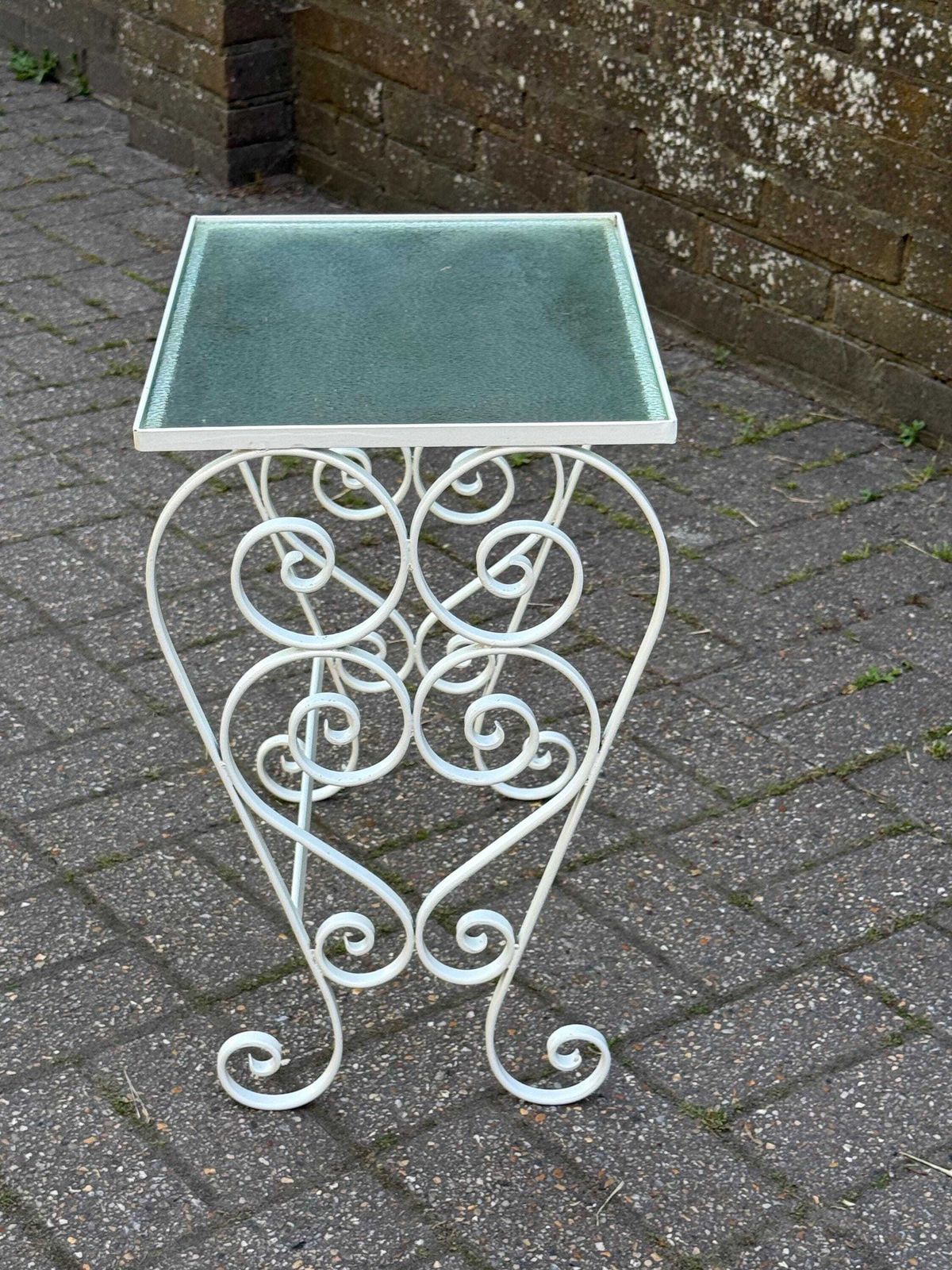 photo buy Vintage 1970s Wrought Iron Side Table With Textured Glass Top M