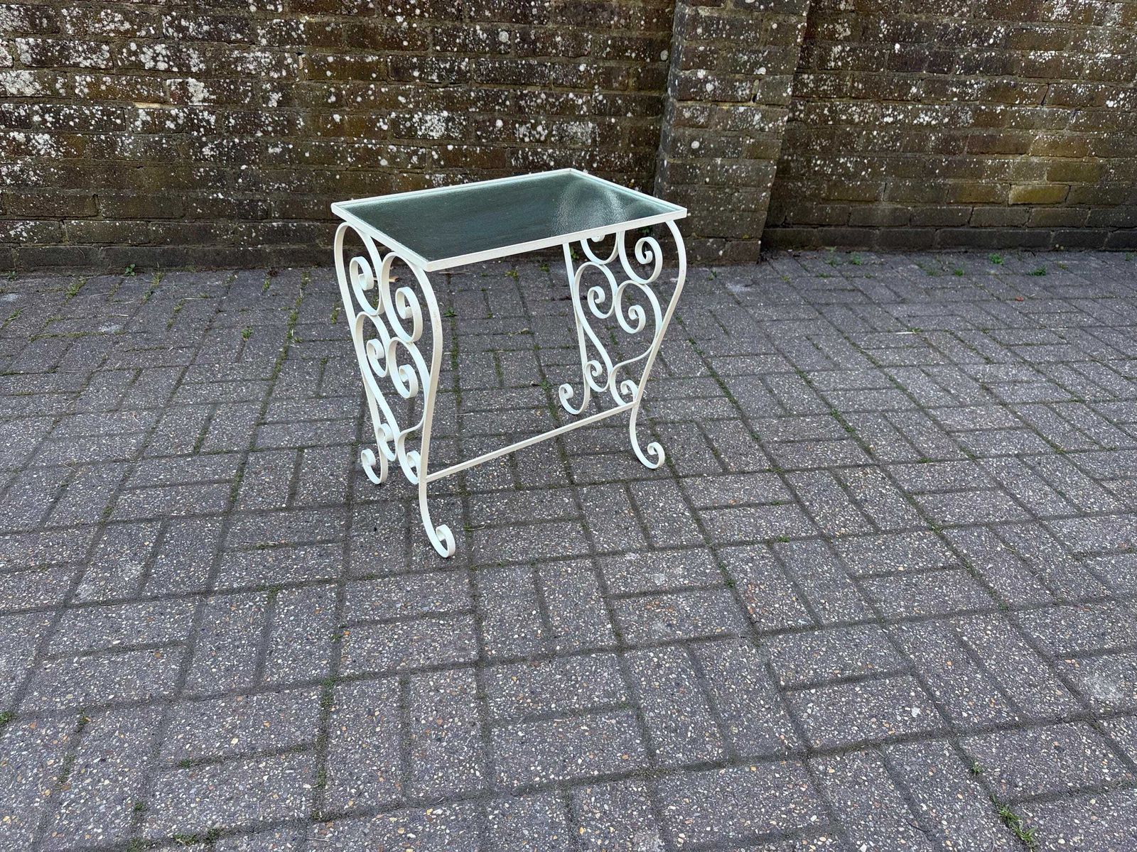 Furniture Vintage 1970s Wrought Iron Side Table With Textured Glass Top L photo