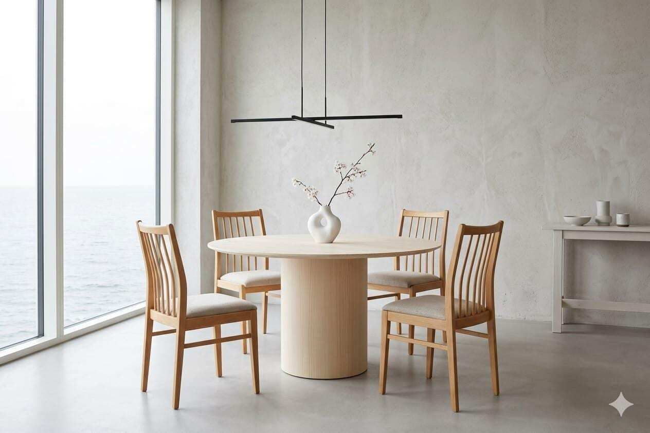 Vintage Dining Chairs Set Of 4, Natural Beech Wood, Herringbone Upholstery