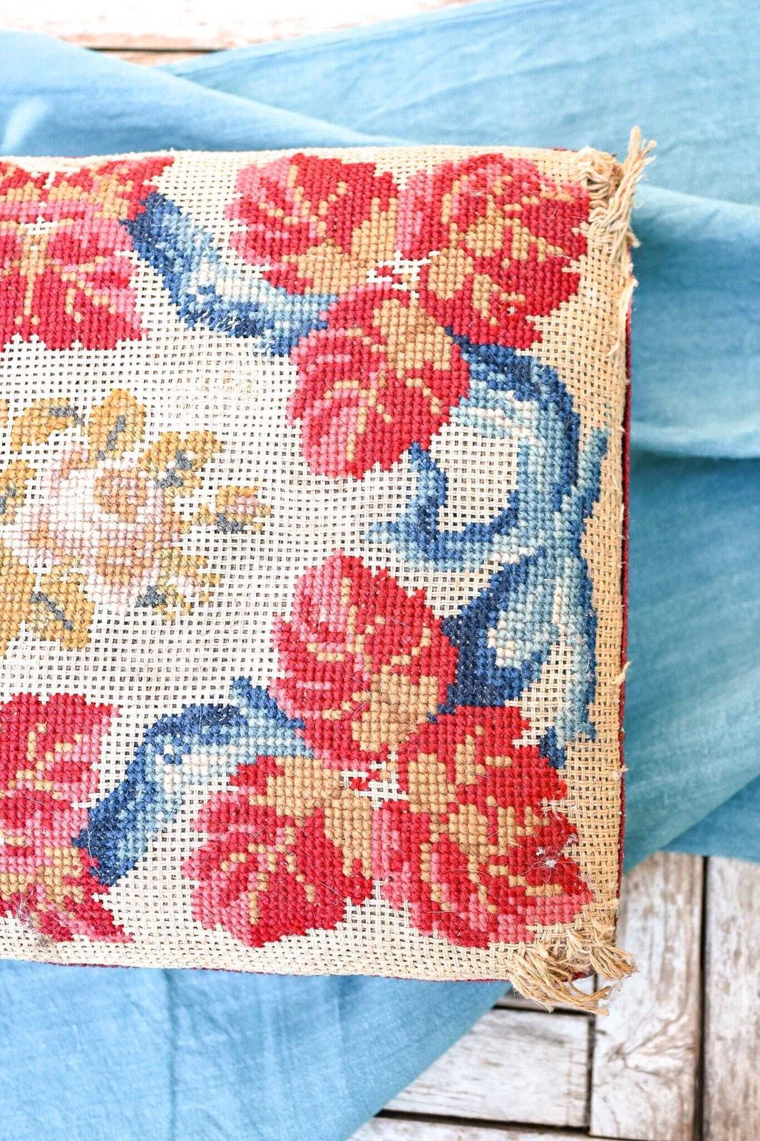 Antique Victorian Needlepoint Footstool | English Style | Floral Cross Stitch | Dark Wood | Ball Feet | 48x34x11cm photo for sale