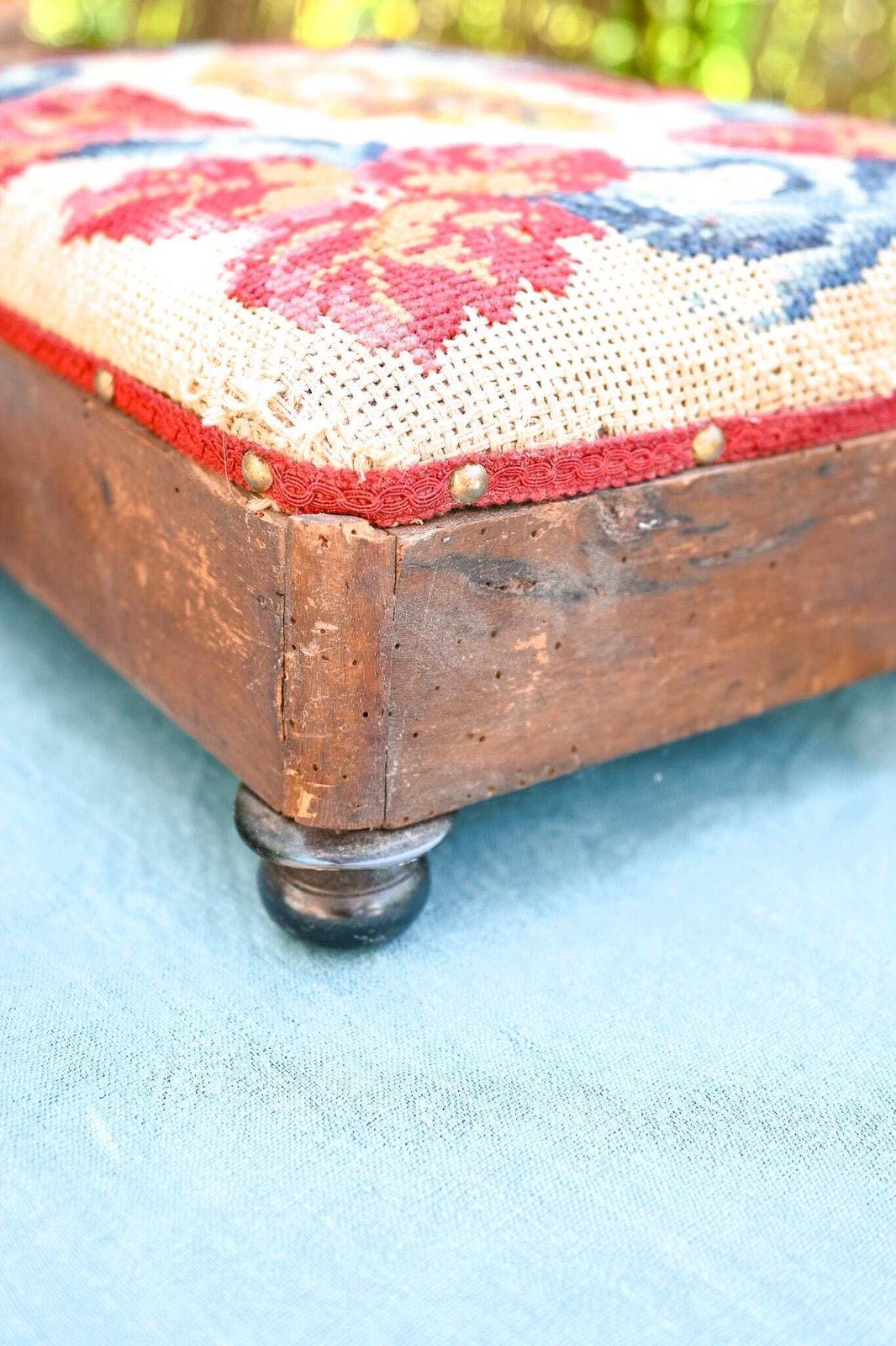 Antique Victorian Needlepoint Footstool | English Style | Floral Cross Stitch | Dark Wood | Ball Feet | 48x34x11cm photo buy
