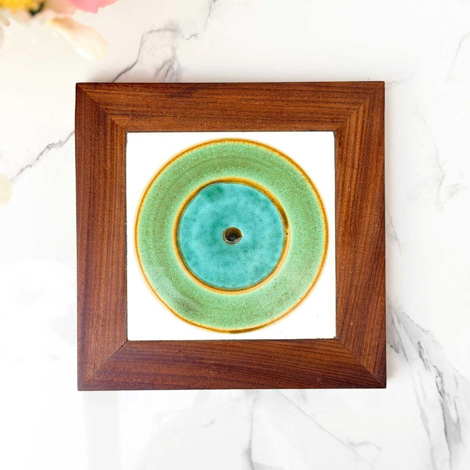 Margery Clinton Framed Ceramic Tile Mid Century Green Blue Plaque 1960s