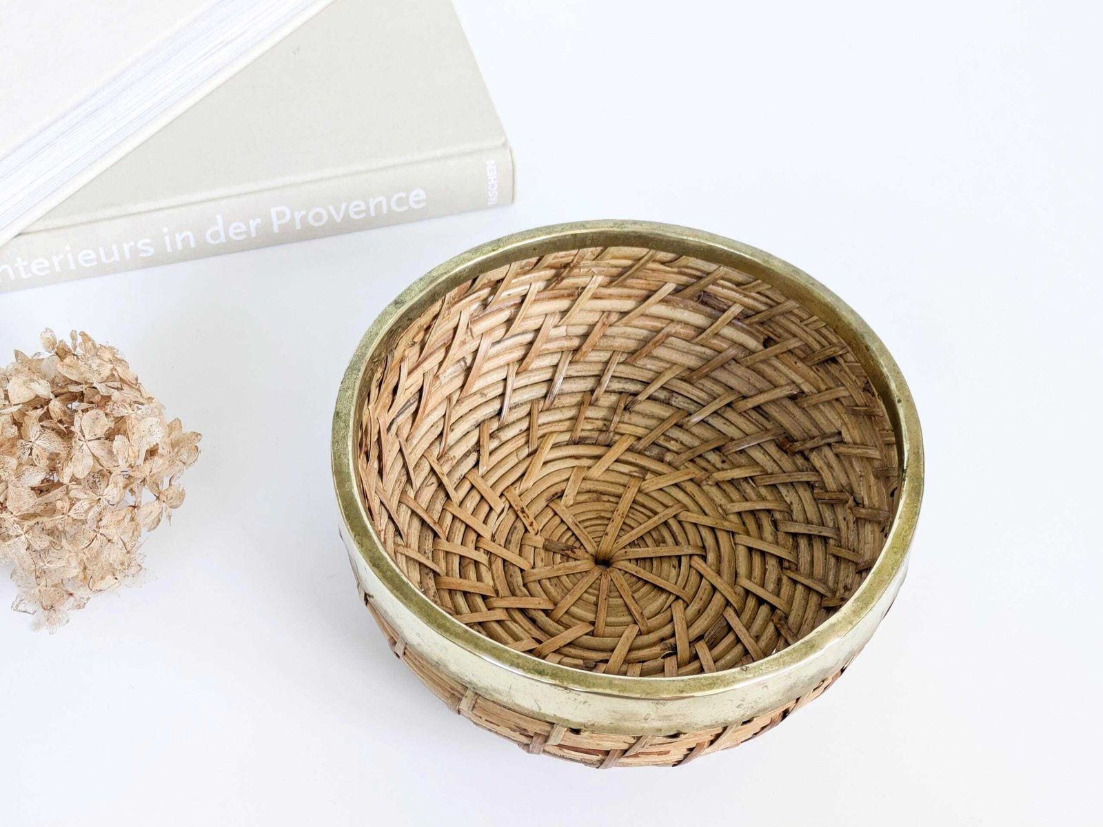 Vintage Rattan Brass Bowl Gabriella Crespi Style Mcm Boho Fruit Basket 1960s 70s photo for sale