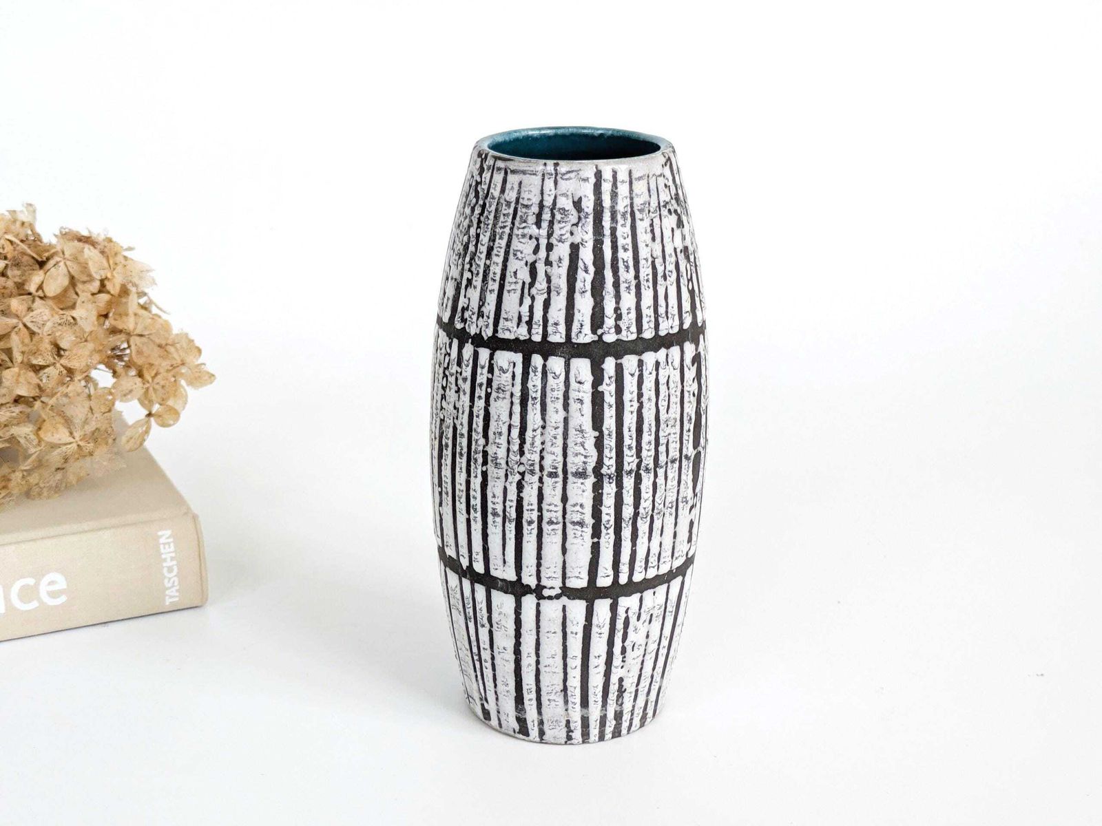 Scheurich West Germany Bambus Vase Black White Lava Glaze Teal Accent Mcm Ceramic 1960s