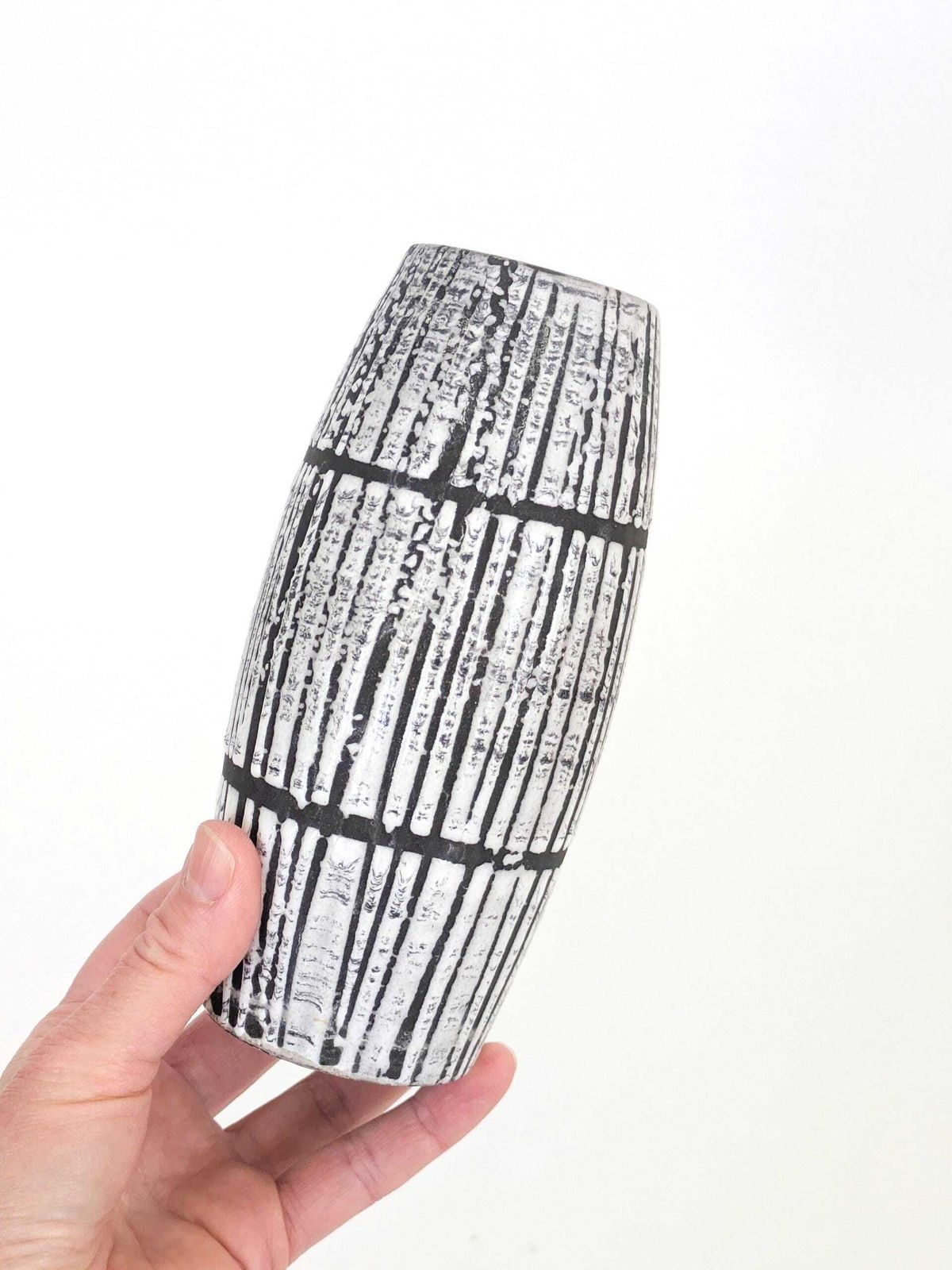 Scheurich West Germany Bambus Vase Black White Lava Glaze Teal Accent Mcm Ceramic 1960s photo Home Decor
