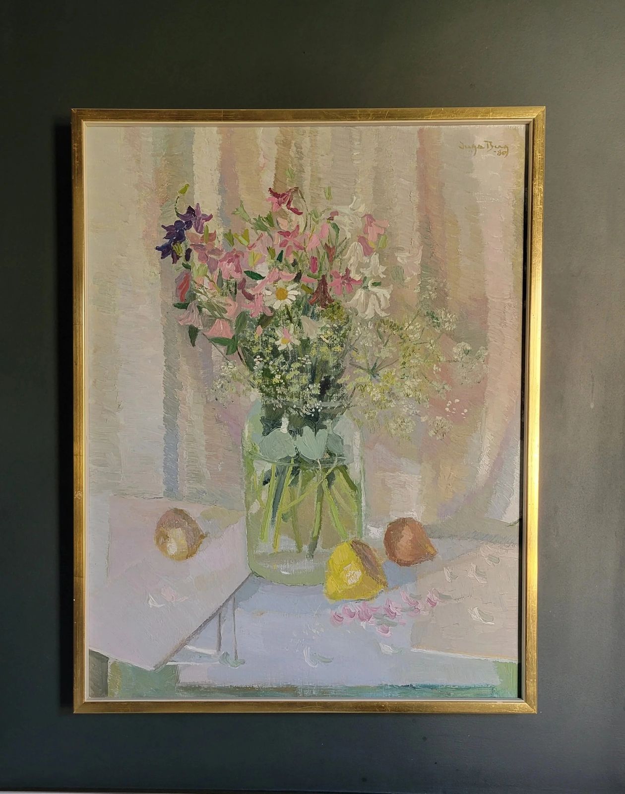 photo vintage Summer Flowers & Lemon Original Framed Swedish Oil Floral Study