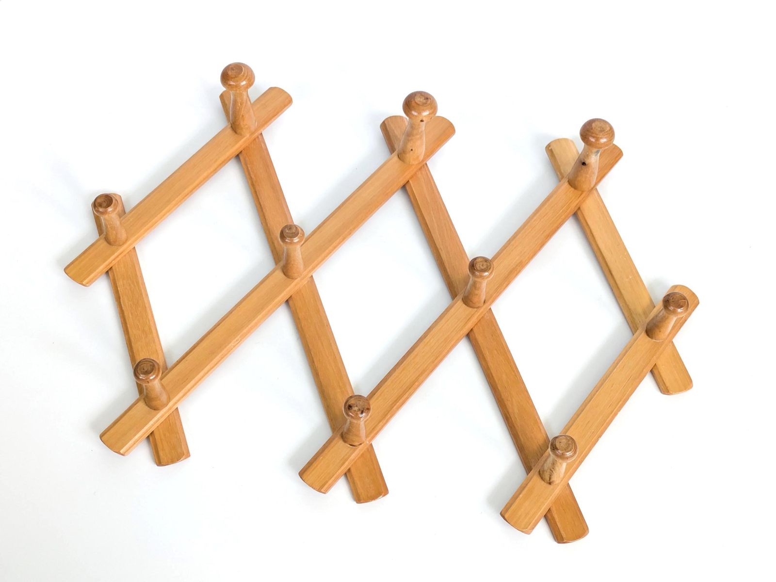 photo buy Vintage Beech Accordion Wall Coat Rack, Mid Century Expandable Wooden Hooks 10 Pegs