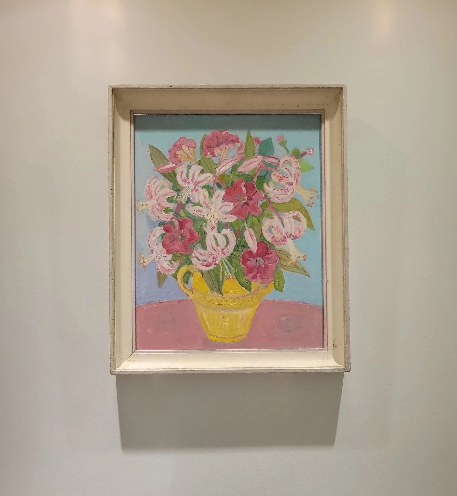 photo furniture Pink Lilies In A Yellow Jug Original Mid Century Floral Oil On Board