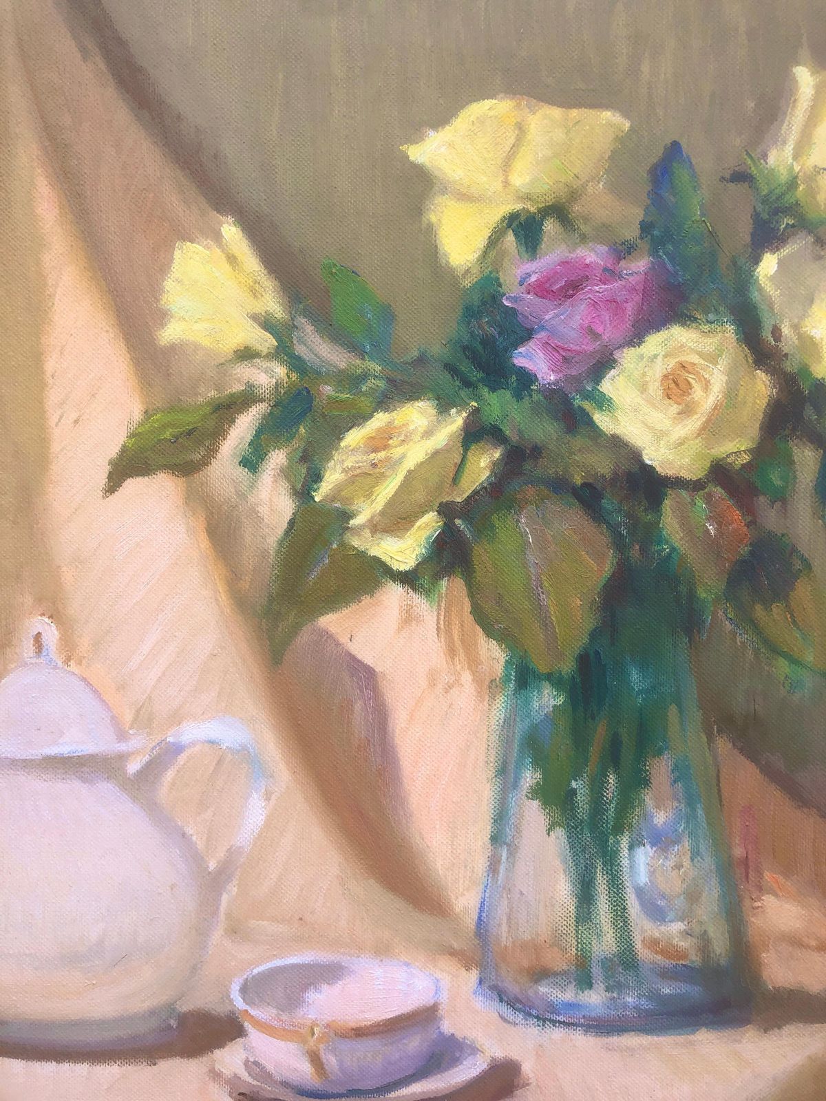 Antonio Sala Herrero Still Life With White Teapot And Roses Catalan Impressionist Oil Canvas Painting C.1975 photo buy