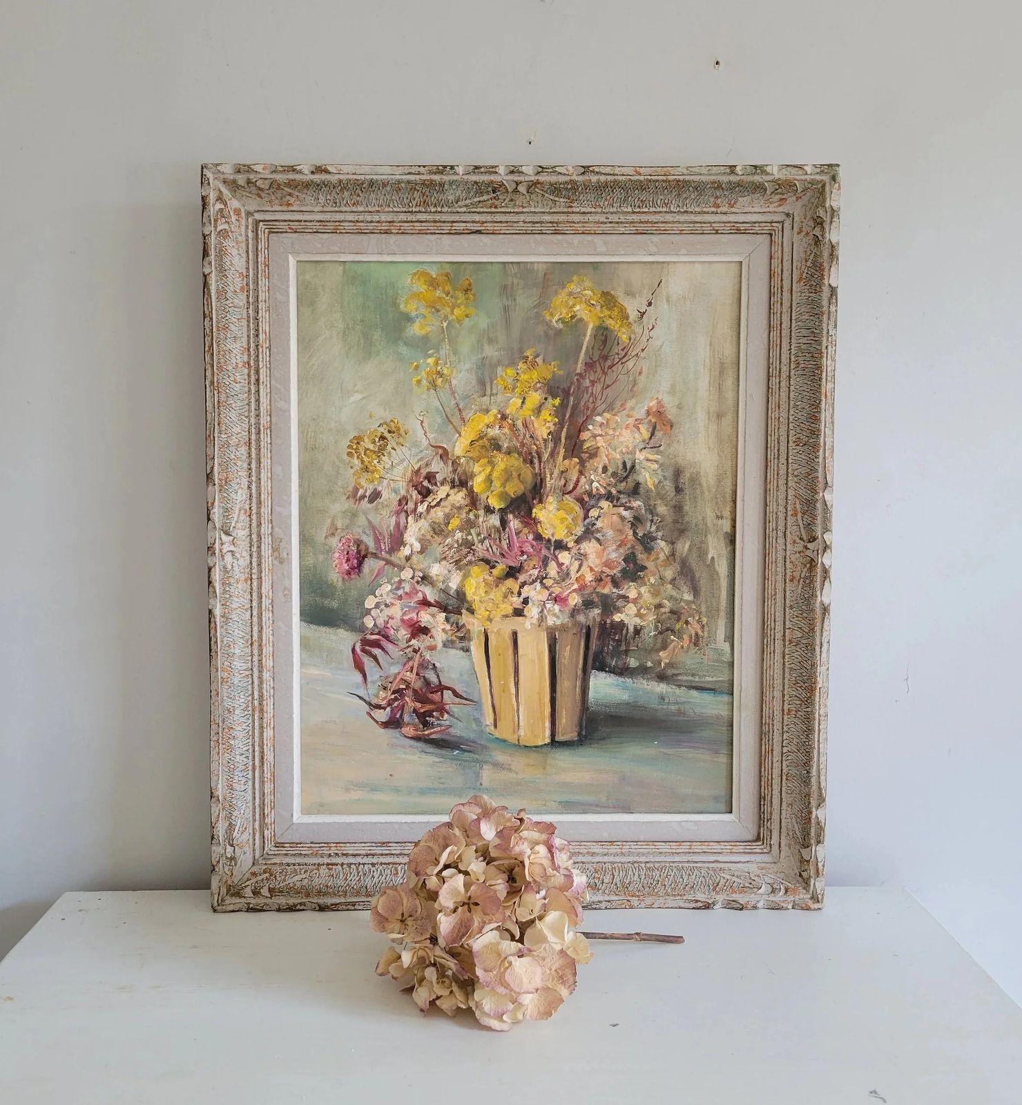 Wildflowers In An Ochre Vase Original Vintage Framed French Floral Study