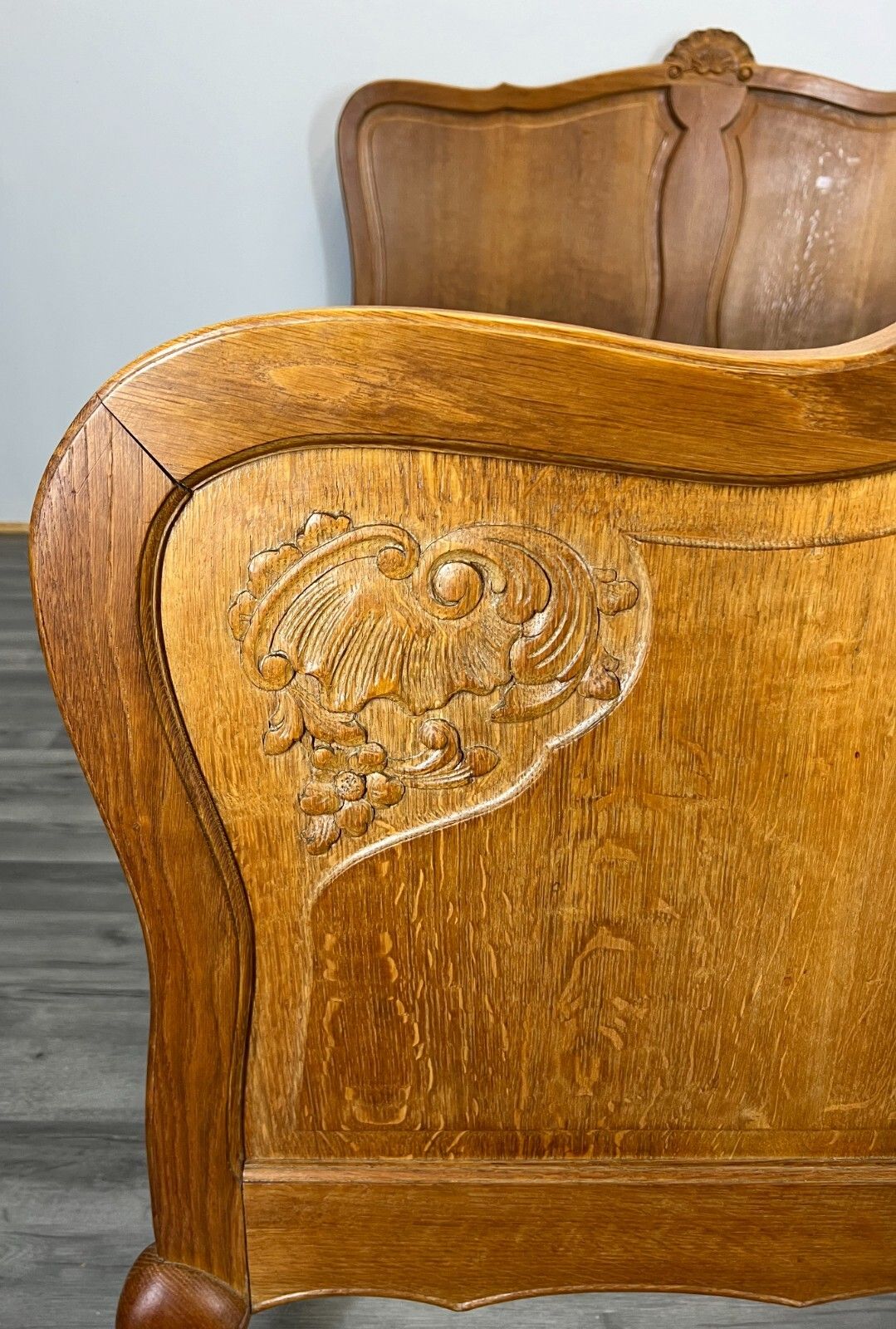 Bed Vintage French Louis XVI Oak Double Bed Frame Carved Headboard Lot 2996 photo vinterior