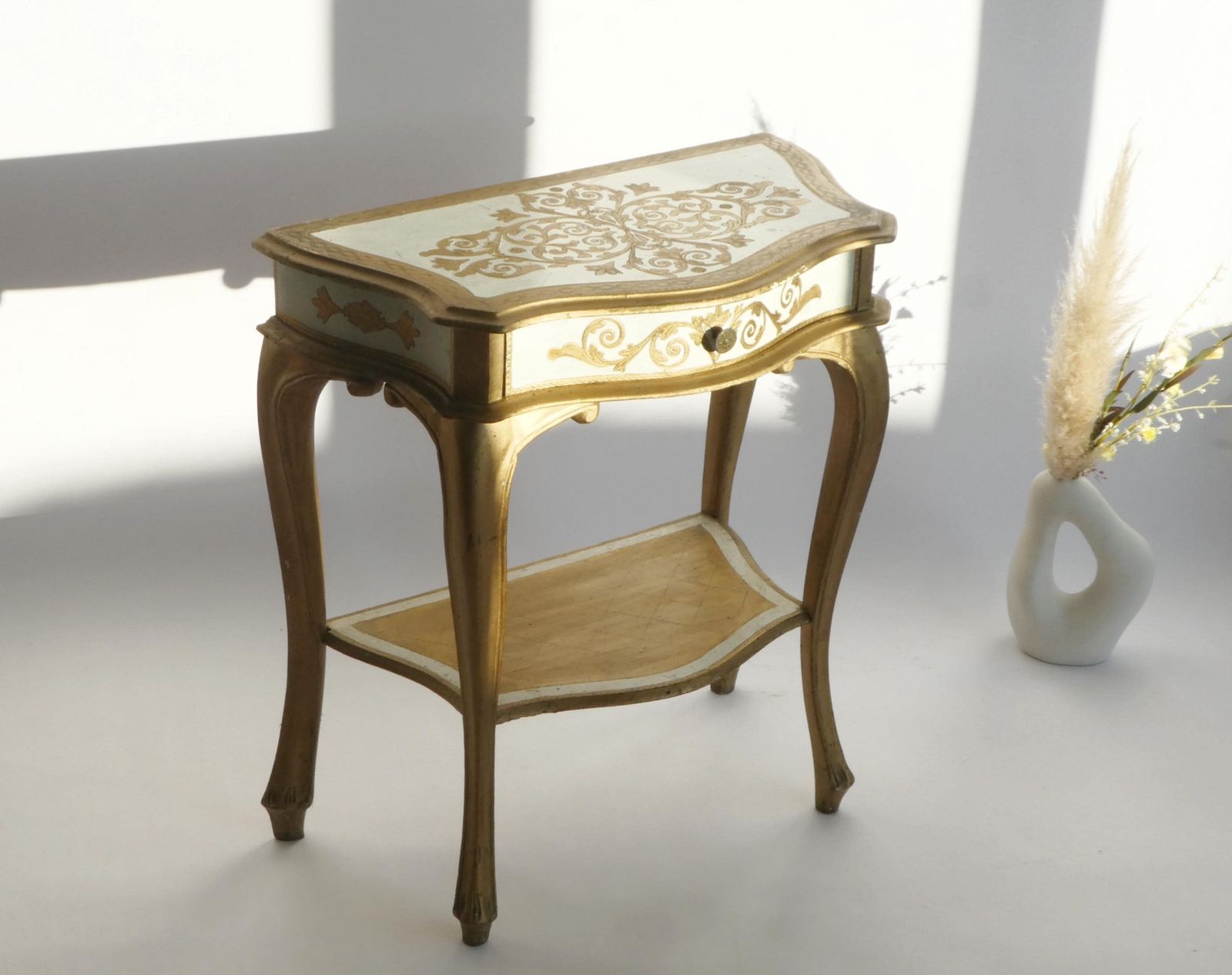Mid Century Gilded Florentine Wooden Entry Table, Gold White Console, Mid Century Nightstand Hollywood Regency Side Table