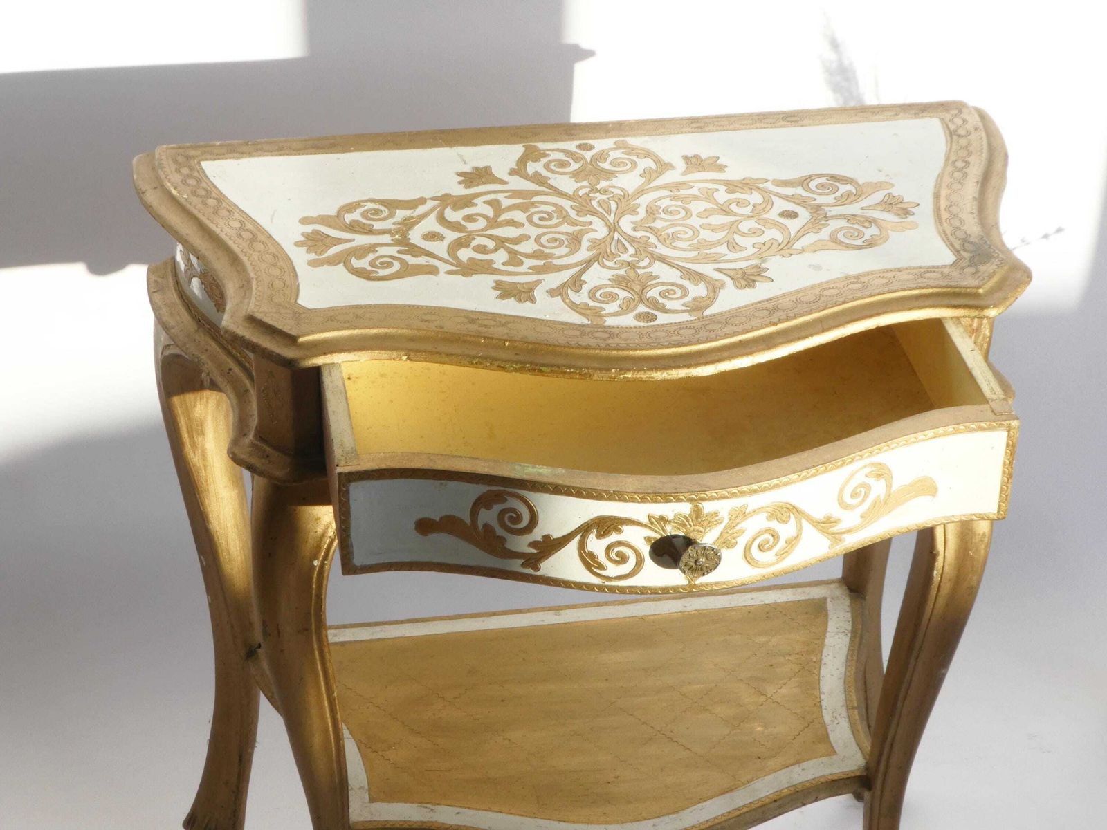 photo for sale Mid Century Gilded Florentine Wooden Entry Table, Gold White Console, Mid Century Nightstand Hollywood Regency Side Table