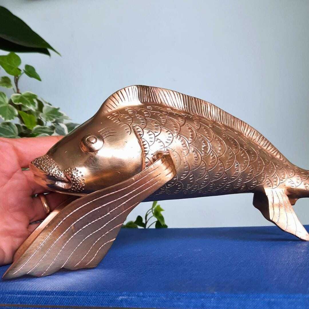 Large Mid Century Korean Solid Brass Koi Fish Sculpture Life Size 10in Long photo buy