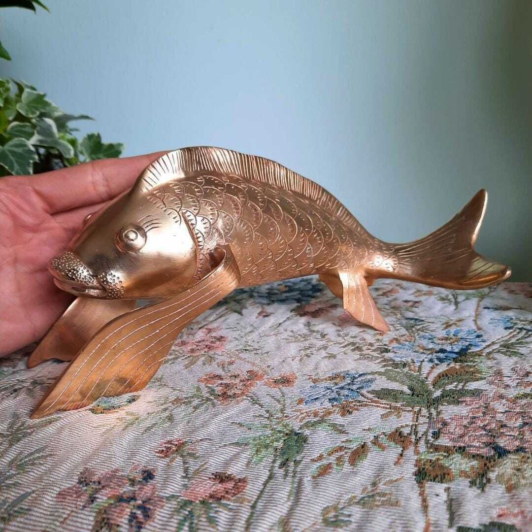 Large Mid Century Korean Solid Brass Koi Fish Sculpture Life Size 10in Long photo vintage