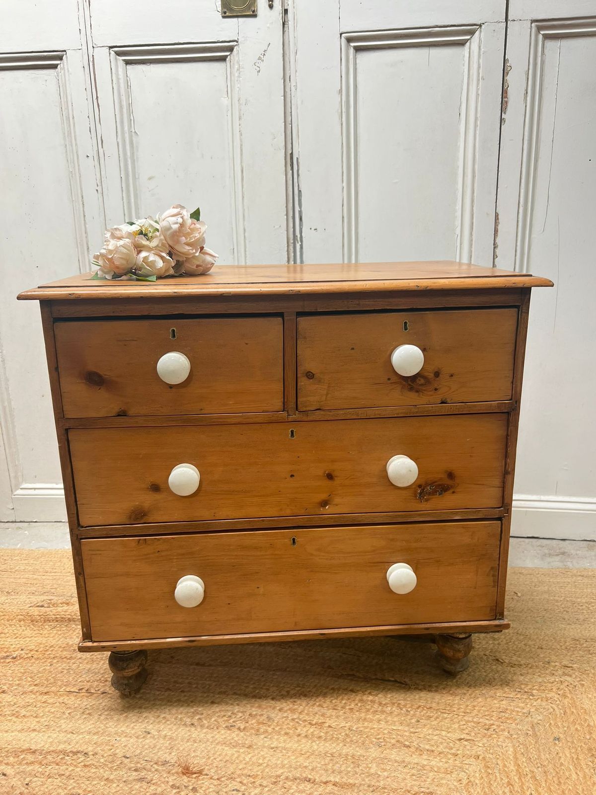 Small Victorian Pine Chest Of Drawers Ceramic Handles