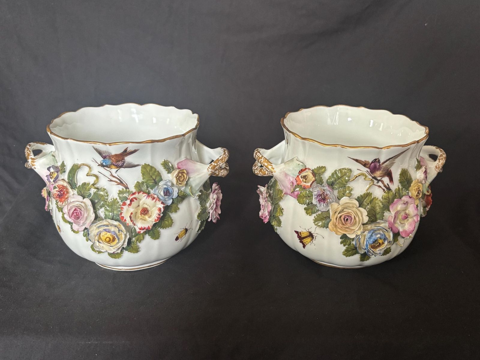 A Pair Of Antique Meissen Floral Encrusted Handle Vases C1910 Stunning Detail